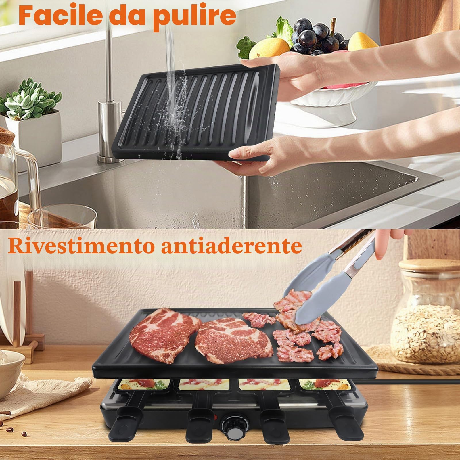 UISEBRT Griglia per raclette per 8 persone, 1400 W, con piastra in granito e piastra per barbecue, rivestimento antiaderente elettrico, set da tavolo per feste, campeggio, Natale