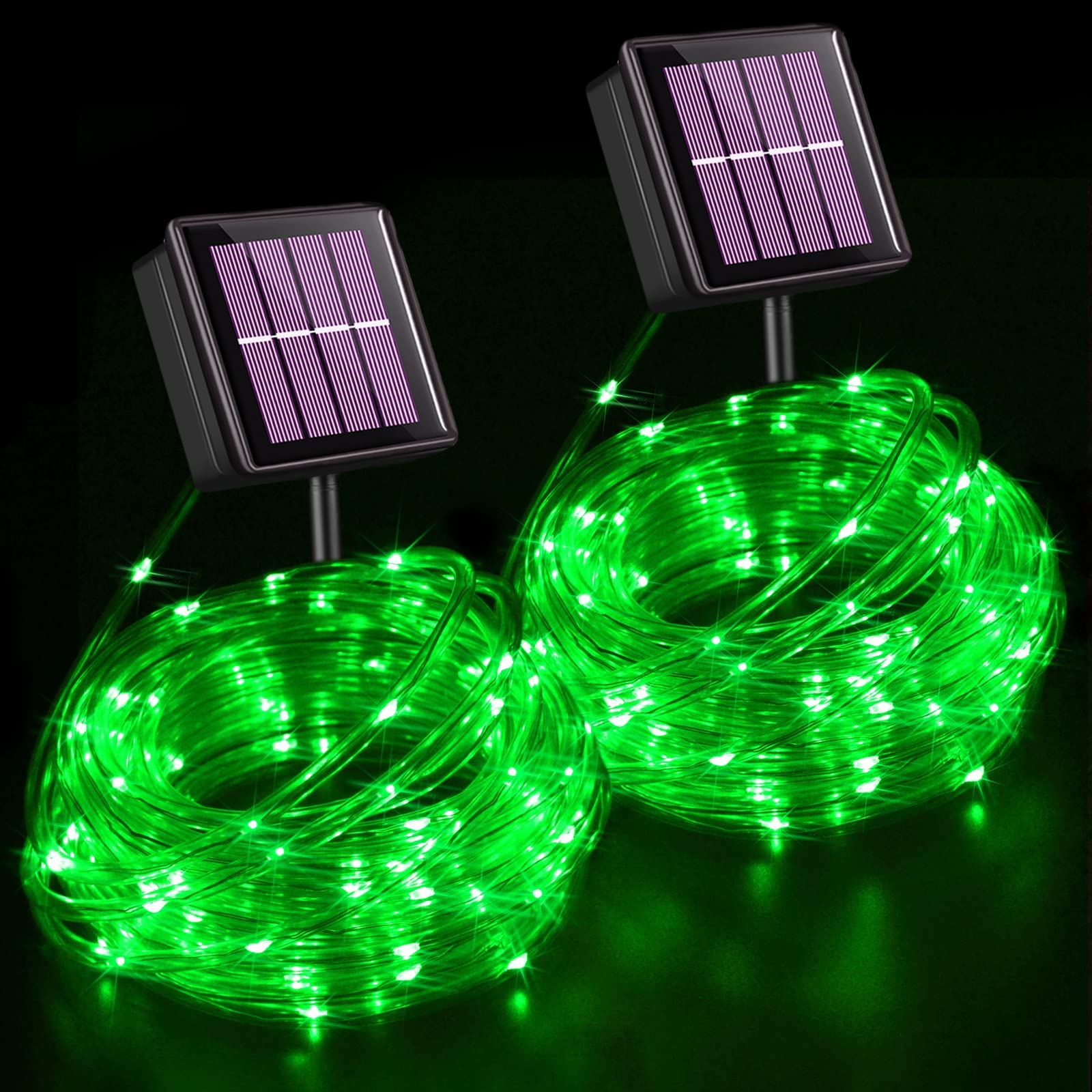 YEGUO Lot de 2 guirlandes lumineuses solaires de 10,1 m de long avec 100 LED étanches pour l'extérieur, 8 modes, tube fin transparent pour camping, clôture, patio, jardin, trampoline, terrasse