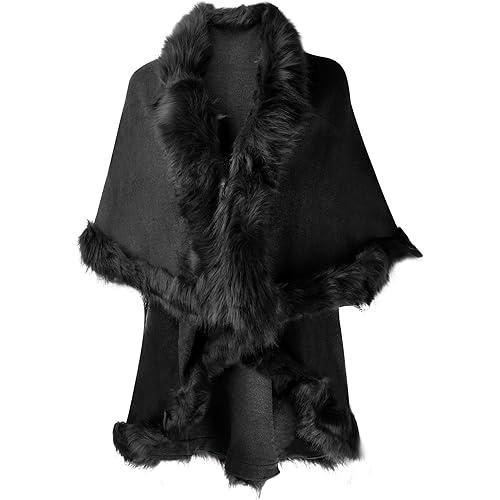 ZLYC Women Fine Knit Open Front Faux Fur Trim Layers Poncho Cape Cardigan Sweater