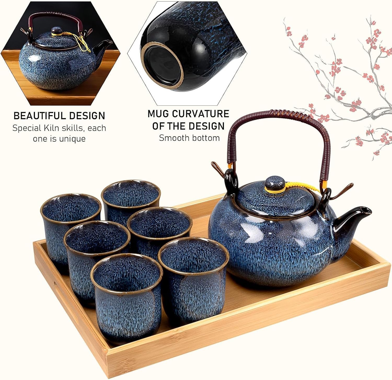Service à Thé Japonais en Porcelaine, Théière Bleue 650ml avec 6 Tasses, Plateau en Bois et Coffret Cadeau, Service à Thé en Céramique Émaillage Four Traditionnel pour Adultes, Idée Cadeau Homme Femme