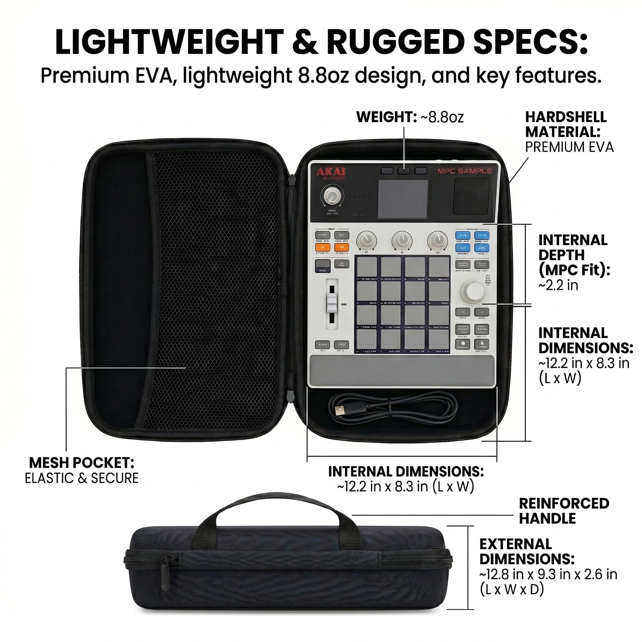 Tragetasche für Akai Professional MPC Sample Cable Zubehör Hartschale Wasserdicht Audio Sampler Reisetasche Schutzhülle mit Griff