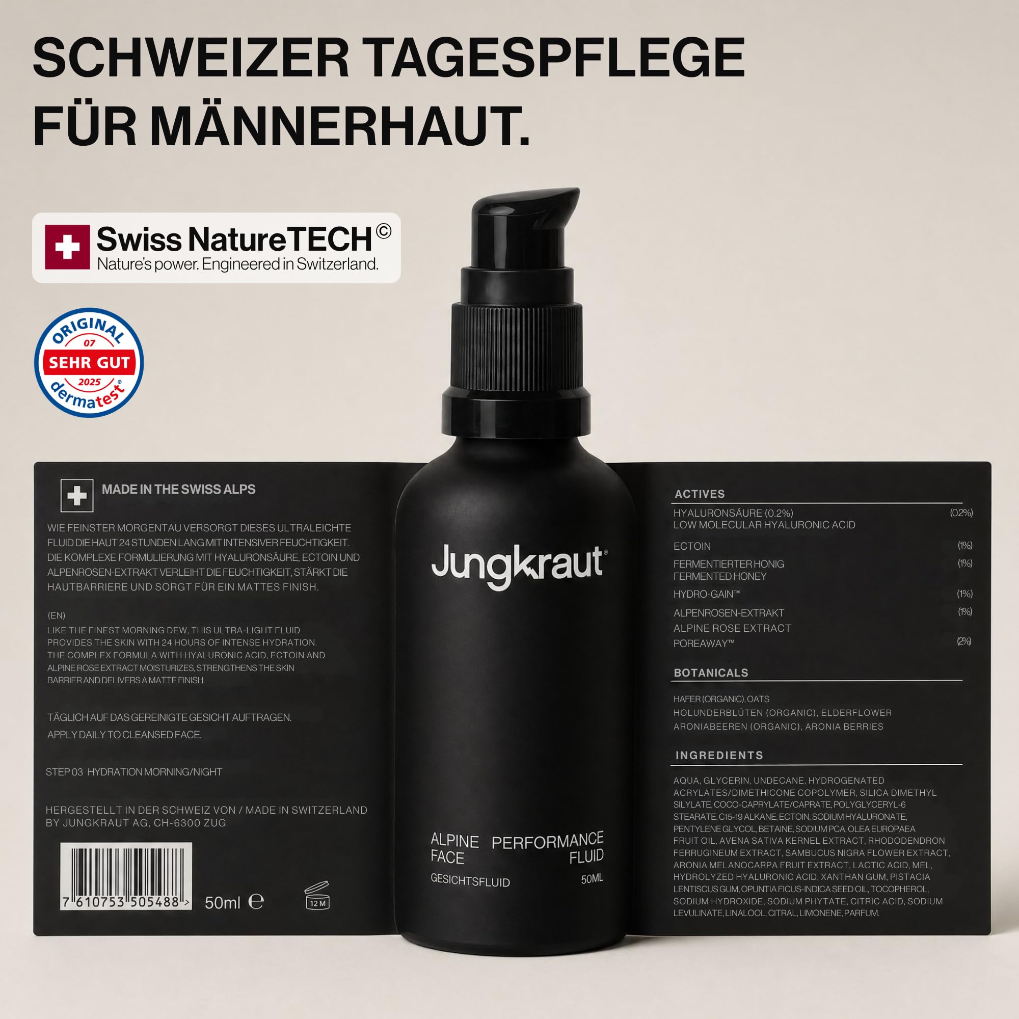 Alpine Performance Feuchtigkeitsfluid für Männer 50ml, Gesichtscreme mit Hyaluronsäure, 6 Wirkstoffe, Anti-Aging, 24h Feuchtigkeit, mattierend, ultraleicht, natürlich, Swiss Made