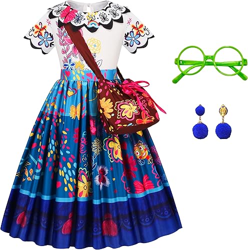 WEYLIISA Vestido de Encanto Mirabel disfraz de Encanto para niñas disfraz de Halloween y cosplay con bolsa lentes y aretes