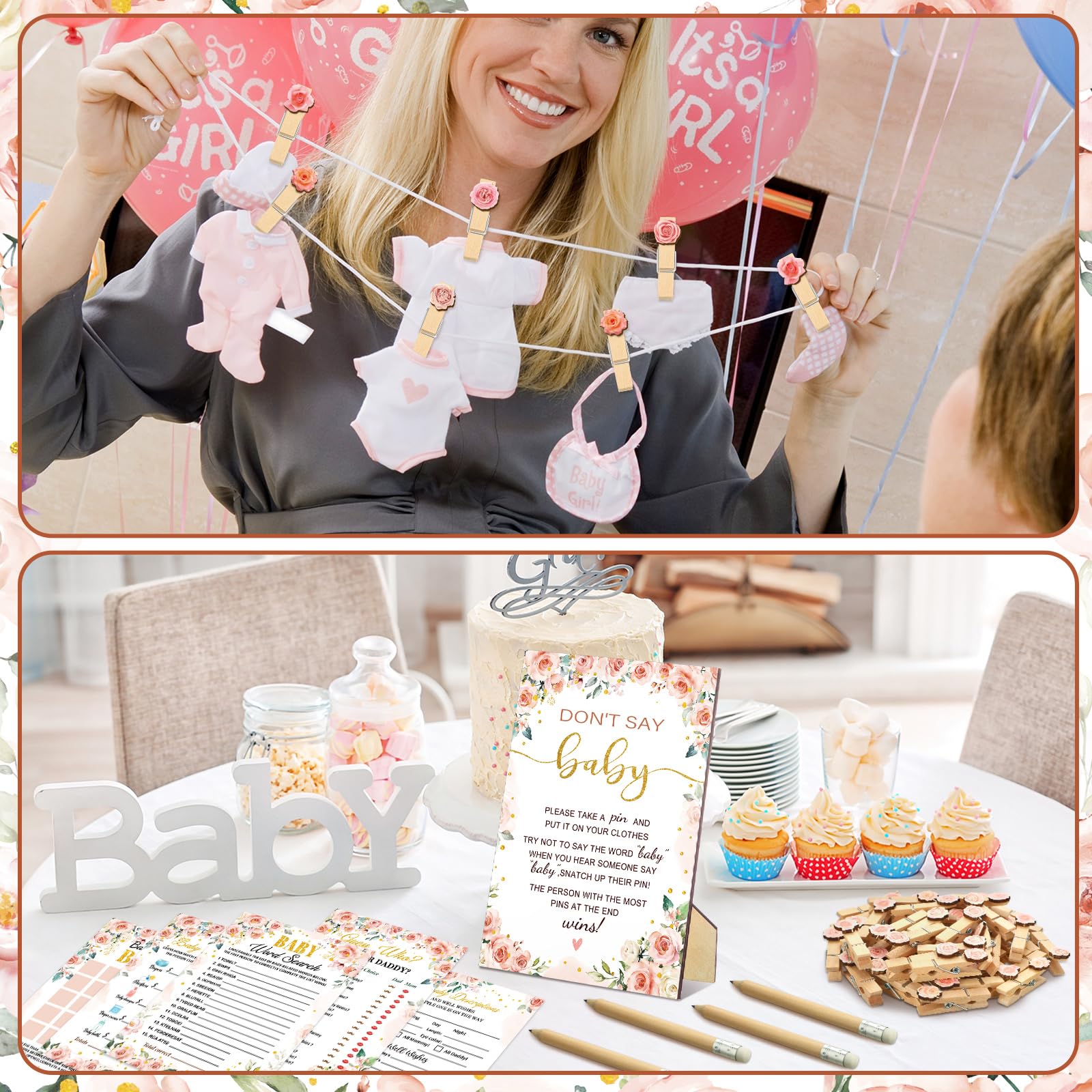 Patelai 321 piezas de suministros florales para juegos de baby shower, 5 juegos (50 tarjetas cada uno) tarjetas de actividades con 20 lápices, 1 letrero de "Don't Say Baby Shower" y 50 pinzas de