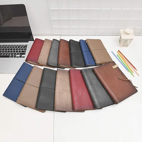 Miniatura 7 de Wonderpool - Diario de piel con forro de papel y bolígrafo, rellenable, 6 argollas, páginas a rayas, cubierta vintage para la oficina, viajes,