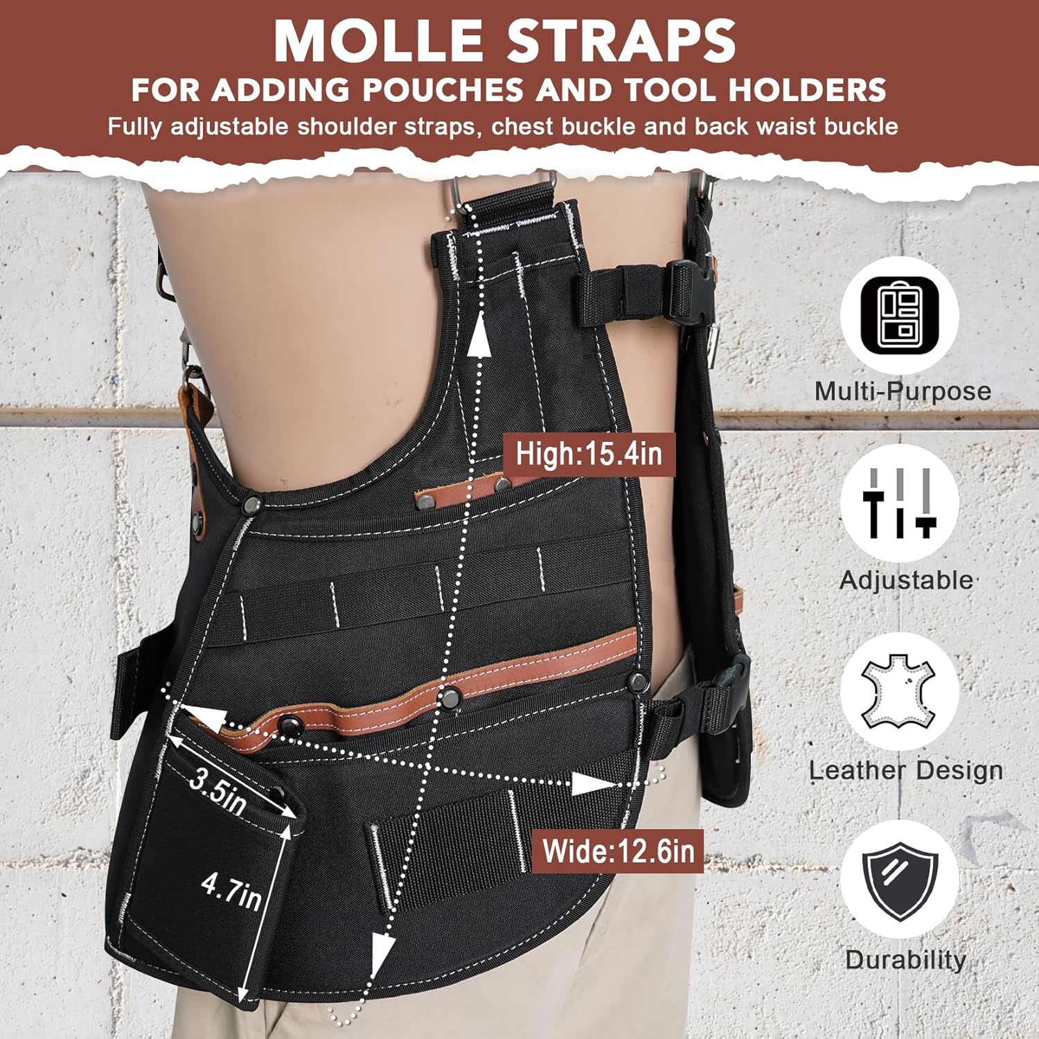 KUNN Leather Tool Vest for Men – Adjustable 37-Pocket Work Vest for Electricians, Carpenters, and Construction Workers - Image 4