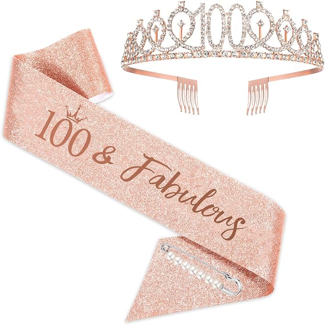 100th Birthday Sash and Tiara for Woman, Rose Gold Birthday Sash Crown 100 & Fabulous Sash and Tiara for Woman, 100th Birthday Gifts for Happy 100th Birthday Party Favor Supplies