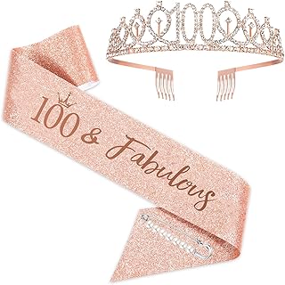 100th Birthday Sash and Tiara for Woman, Rose Gold Birthday Sash Crown 100 & Fabulous Sash and Tiara for Woman, 100th Birthday Gifts for Happy 100th Birthday Party Favor Supplies