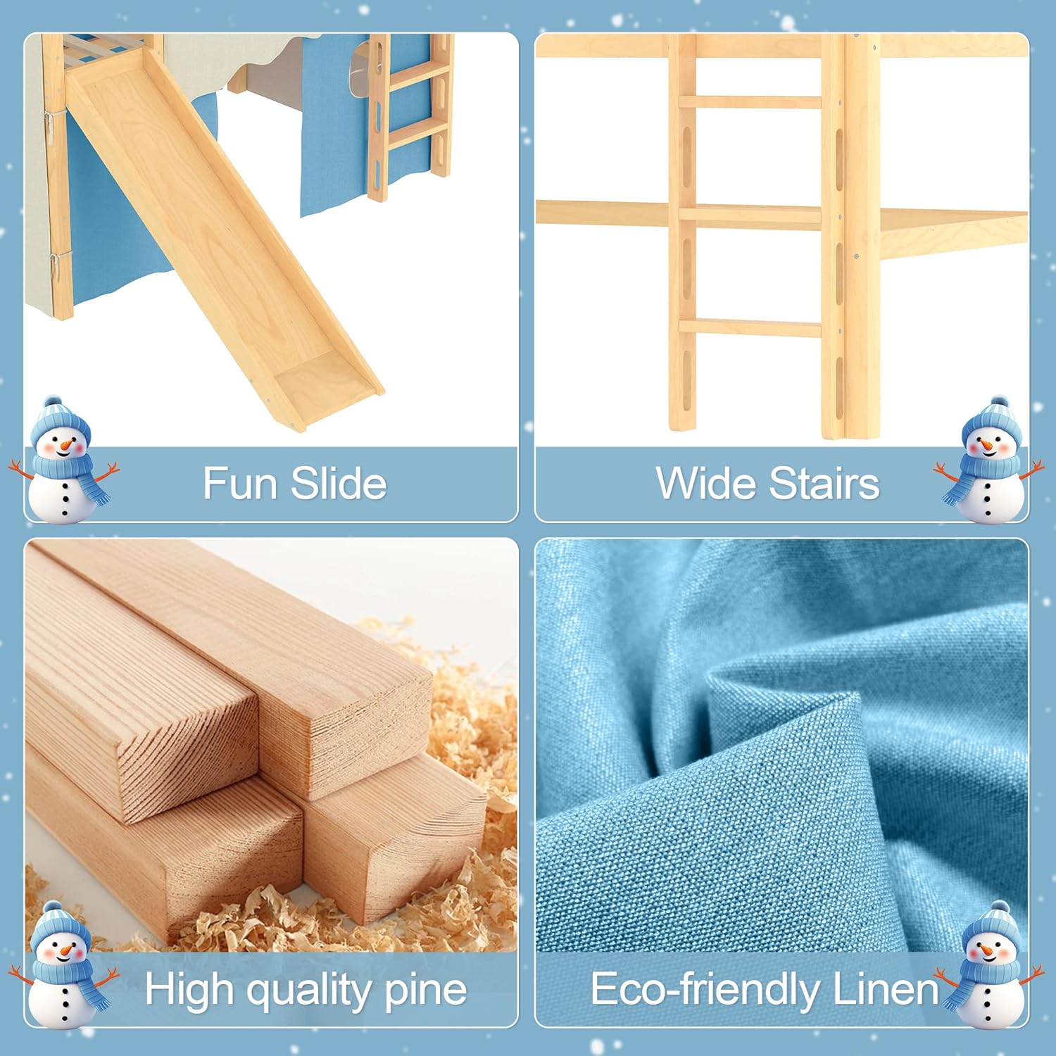 KEIKI Full Size House Loft Bed with Sills and Tents, Solid Wood Loft Bed with Ladders and Slide, Chic House Design, No Box Spring Needed, Natural+Blue
