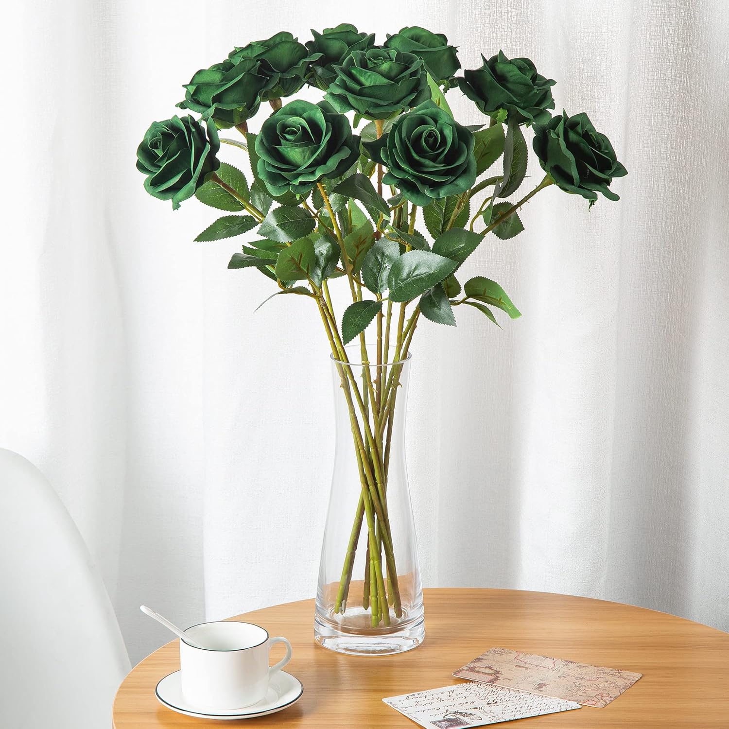 DuHouse 10pcs Fake Roses Artificial Silk Flowers Faux Rose Flower Long Stems Bouquet for Arrangement Wedding Centerpiece Party Home Kitchen Decor (Dark Green) - Image 4