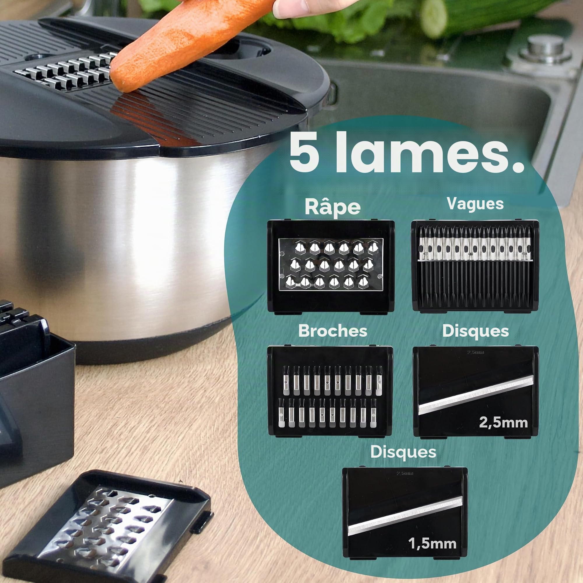 Cookery - Essoreuse à salade en acier inoxydable (4,5 l) + mandoline à légumes avec 5 lames / essoreuse à salade facile grâce au fond antidérapant et à l'entraînement cube