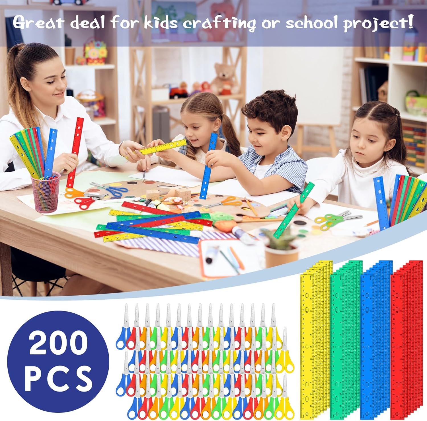 PerKoop 200 Pcs School Supplies with 100 Pcs Safety Blunt Tip Student Scissors 100 Pcs 12 Inch Plastic Rulers Back to School Supply Kit for Operation Christmas Charity Donation Supplies (Bright Color)