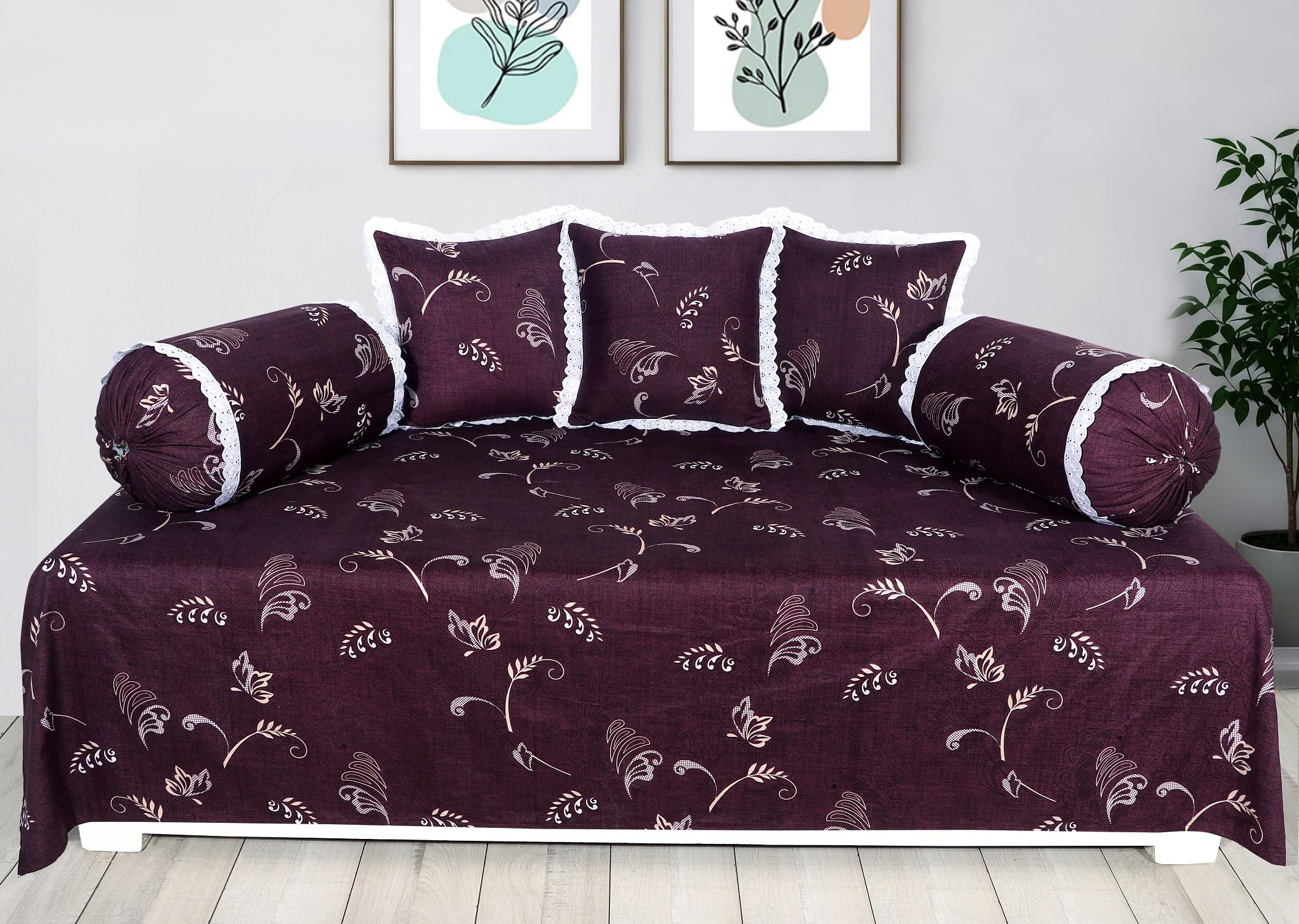 RD TREND® Glace Cotton Floral Diwan Set 6 Piece - 1 Single Diwan Bedsheet for Living Room (60x90 Inch) with 3 Lace Cushion Covers (16x16 Inch) & 2 Bolster Covers (16x32 Inch)| Dark Plum-image-31