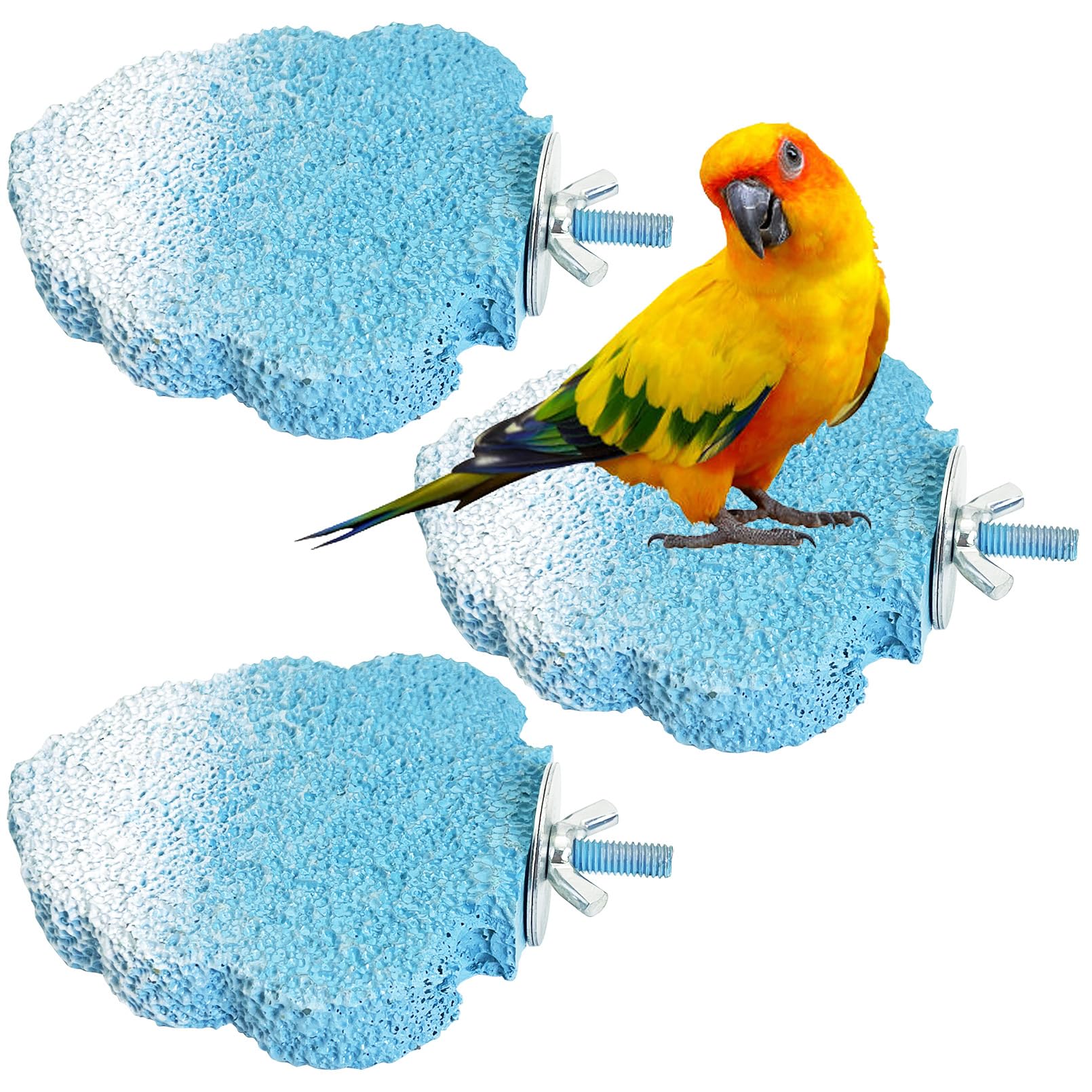 PINVNBY 3PCS Bird Beak Grinding Stone Resin Bird Perch Stand Grinding Claw Birds Cage Perch Parrot Climbing Chewing Toys Parakeet Cage Accessories for Budgies Cockatiels Conures(Blue)