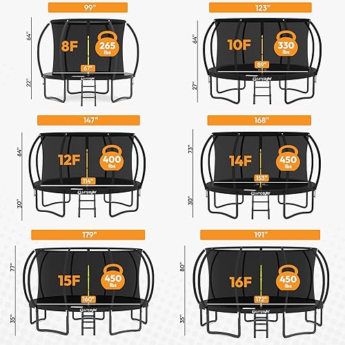 Miniatura 15 de Jumpzylla - Cama elástica recreativa para niños, con red de seguridad, escalera y revestimiento antioxidante, de 8, 10, 12, 14, 15 y 16 pies
