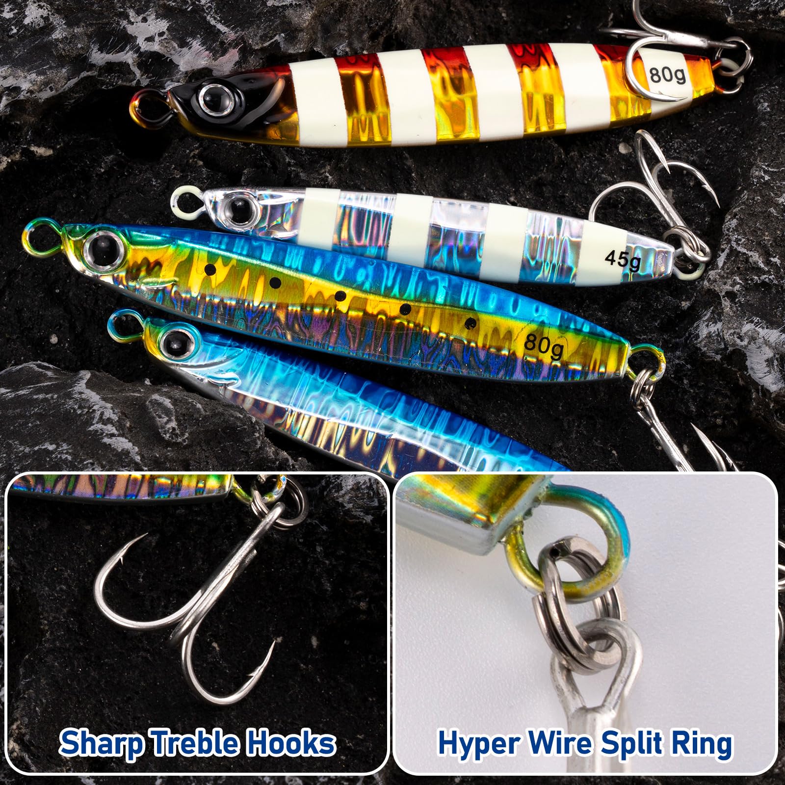 Dr.Fish Confezione da 3 esche da pesca in acqua salata Jigging Cucchiaio Esche da pesca Offshore Glow Verticale Diamante Metallo Casting Jig Acqua Salata Striper Snapper Sgombro
