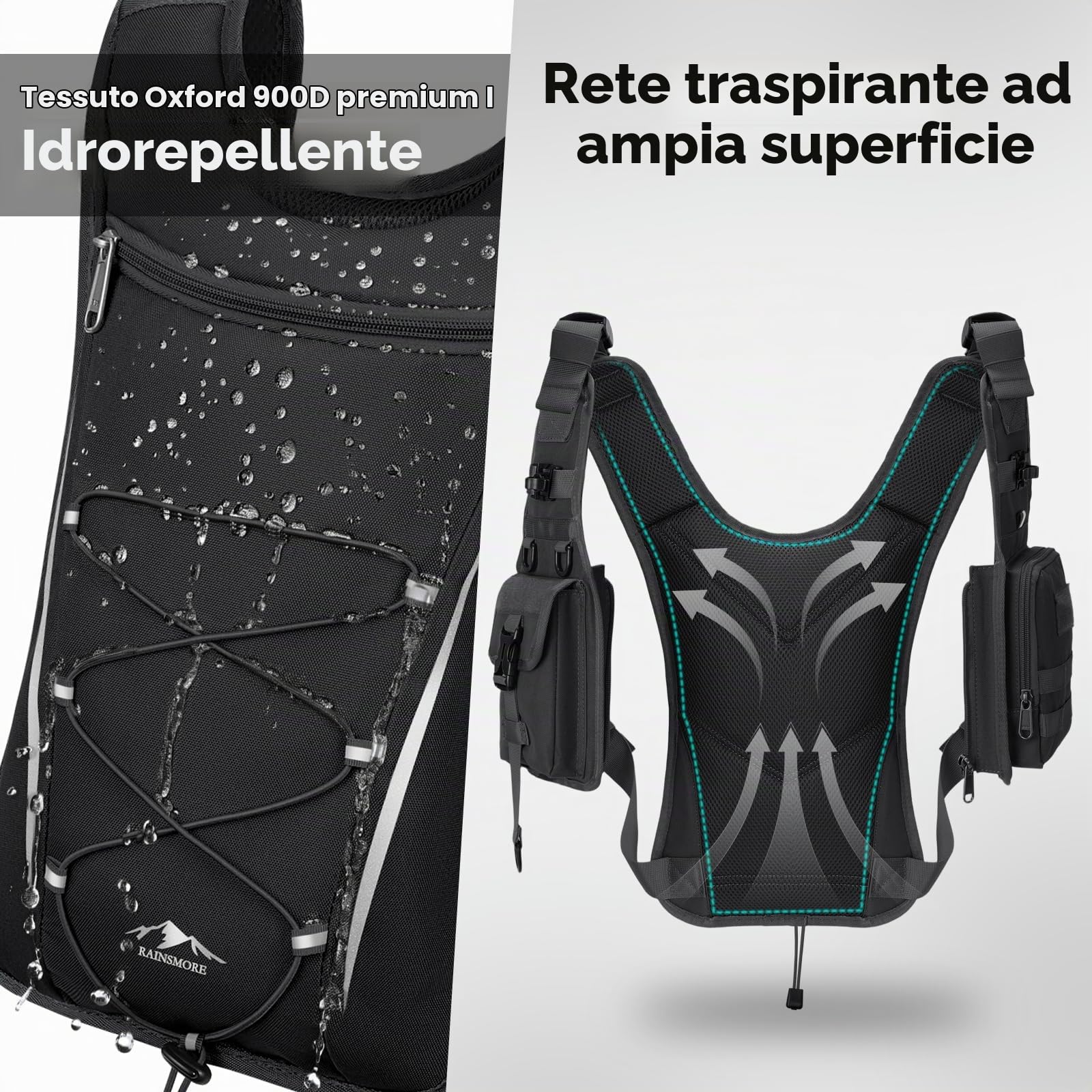 RAINSMORE Gilet Running Uomo Donna con Vescica 2L, Zaino Trail Running Leggero Traspirante, Zaino Idratazione, Impermeabile, Antigraffio per Corsa, Trail Running, Ciclismo, Trekking