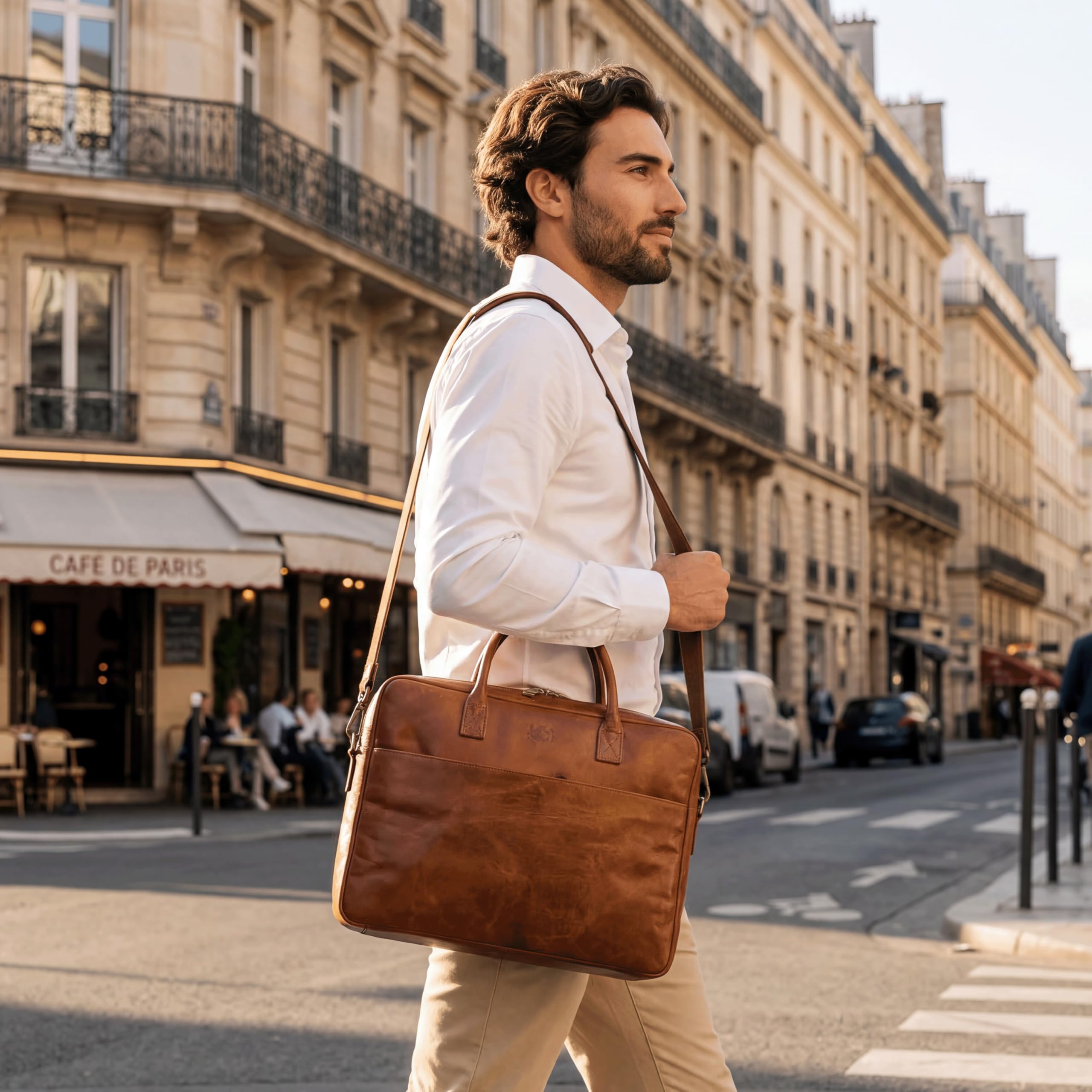 SID & VAIN große Laptoptasche echt Leder - 15 Zoll Laptop Business-Tasche CEDAR groß - Aktentasche mit Schultergurt - Arbeitstasche Herren und Damen braun handgefertigt