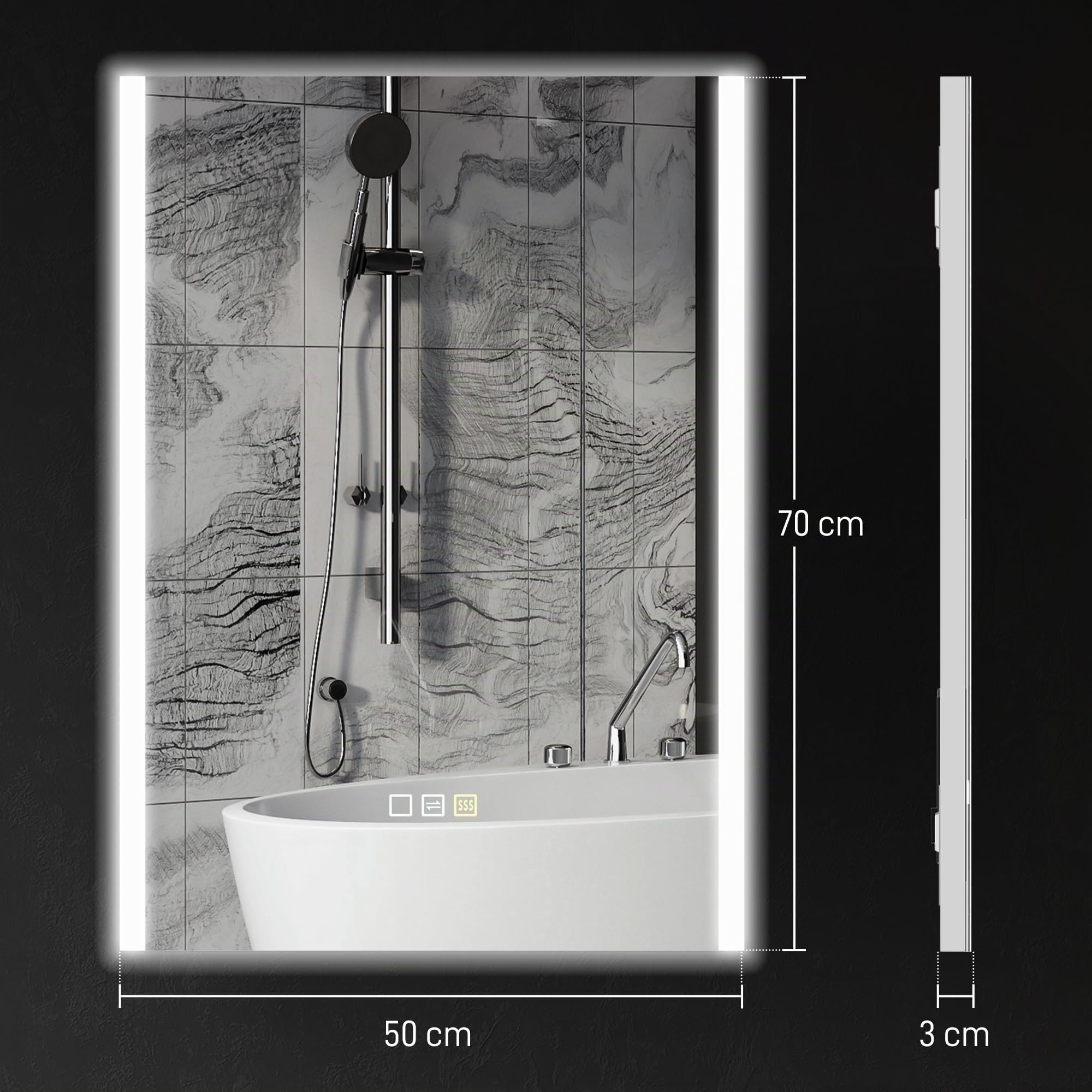 HOMCOM Specchio Bagno con Luce LED a 3 Colori da Parete IP44 70x50 cm | Luminosità Regolabile, Vetro Temperato Reversibile, Funzione Memoria, Antiappannamento, Touch