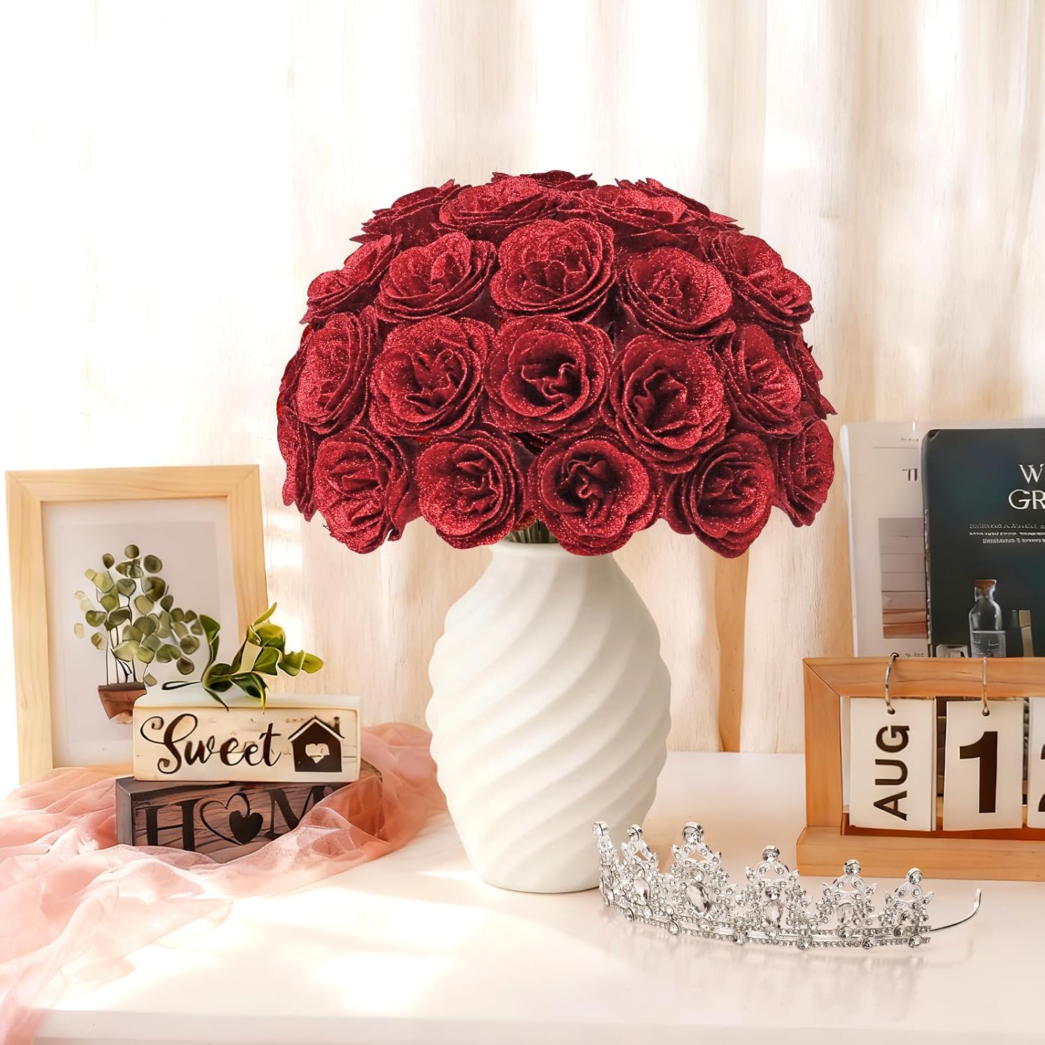 Glitter Roses Bouquet,Birthday Gifts for Women Mom,DIY Fake Flowers Bouquet with Birthday Stand-Up Signs,24 Red Rose for Grandma Wife Friends Valentines,Anniversary,Engagement,Wedding - Image 9