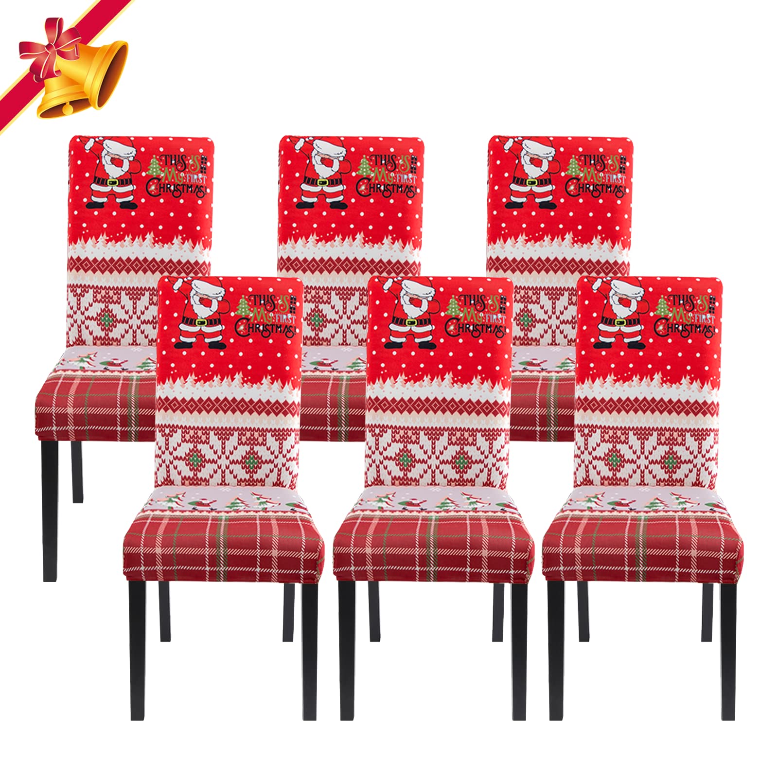 Jaotto Coprisedie Natalizie 6 Pezzi Coprisedia Elasticizzati con Schienale Fodere Coprisedie Universale per Sala da Pranzo Cucina Natale Coprisedia Lavabile Coperture per Sedie,Rosso/Natale