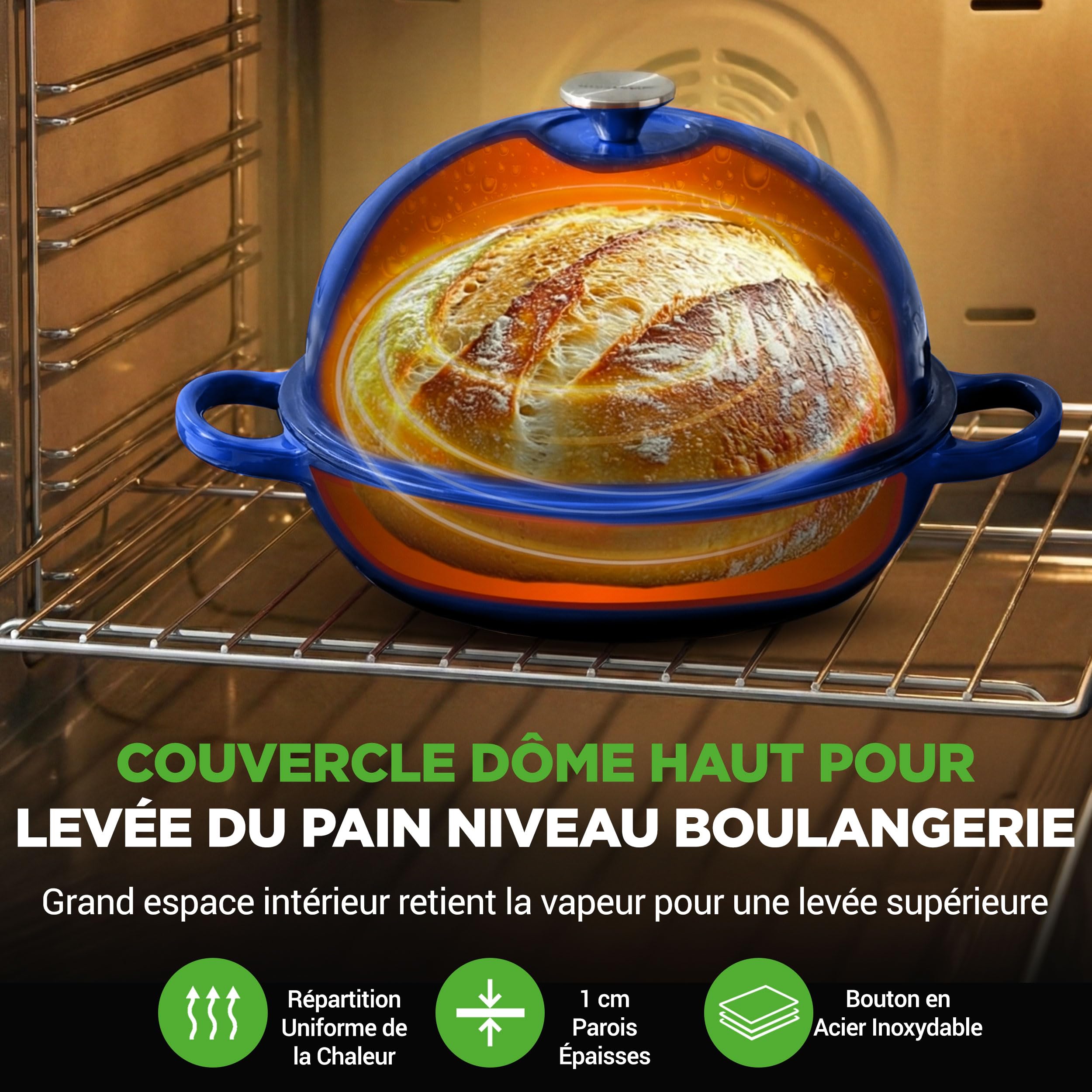 NutriChef Four à Pain en Fonte Émaillée avec Couvercle Dôme – Cocotte Dutch Oven 26 cm pour Pain au Levain, Pain Artisanal, Ragoût, Cuisson Vapeur, Four 260 °C, Compatible Induction, Gants Silicone