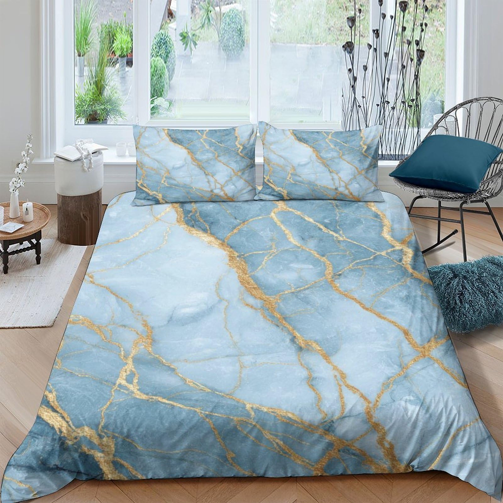 Ctjqhvkz Style-7 3D Printed Blue Marble Fitted Sheet Microfiber Non Slip Gold Vein Mattress Cover For Bedroom Guestroom Decor Easy Care Single（135X200cm）