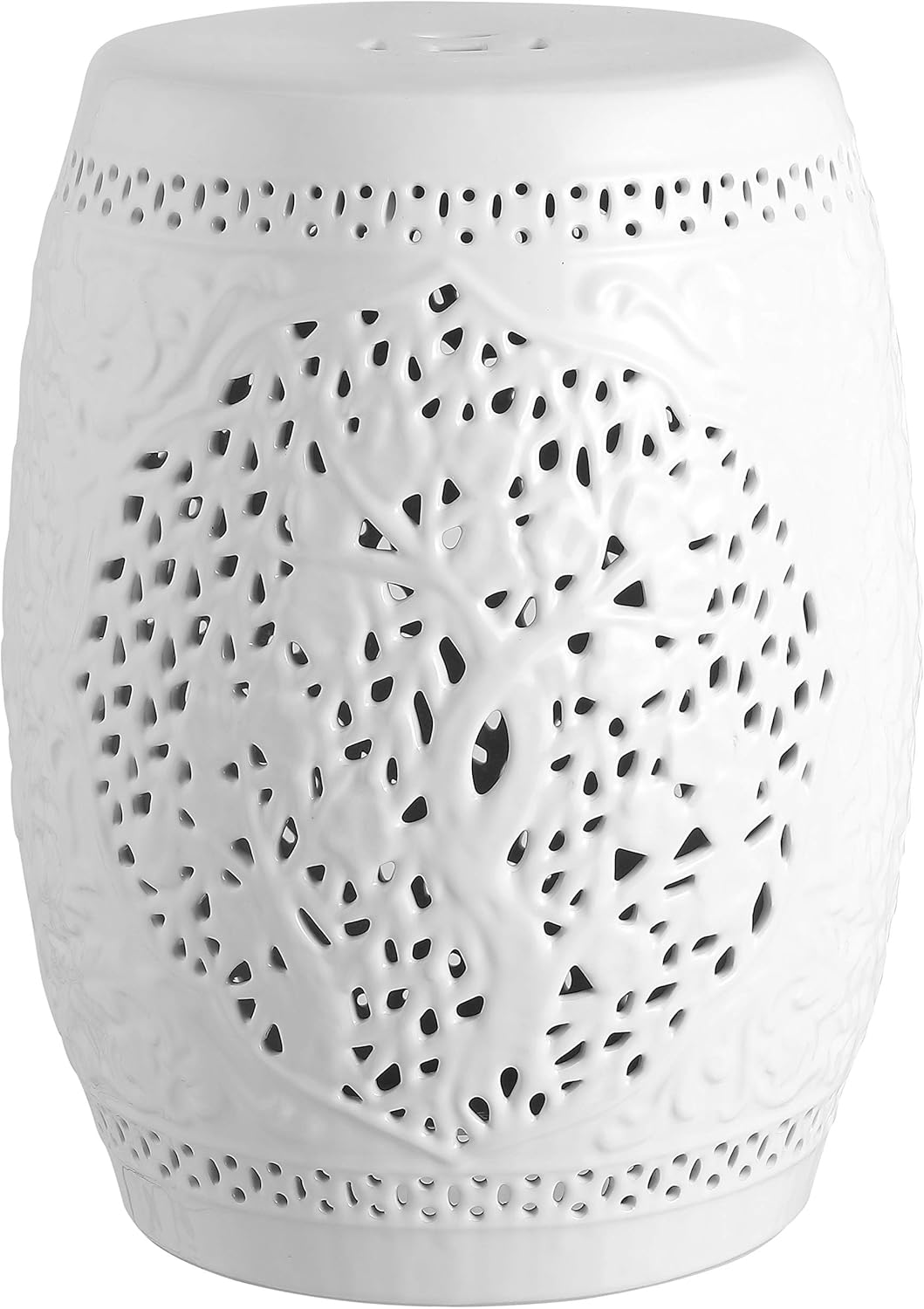 JONATHAN Y TBL1002A Tree of Life 18" Ceramic Garden Stool, Coastal, Contemporary, Modern, Transitional, Side Table, Plant Stand, Spill-Proof, Living Room, Garden Room, Patio, White