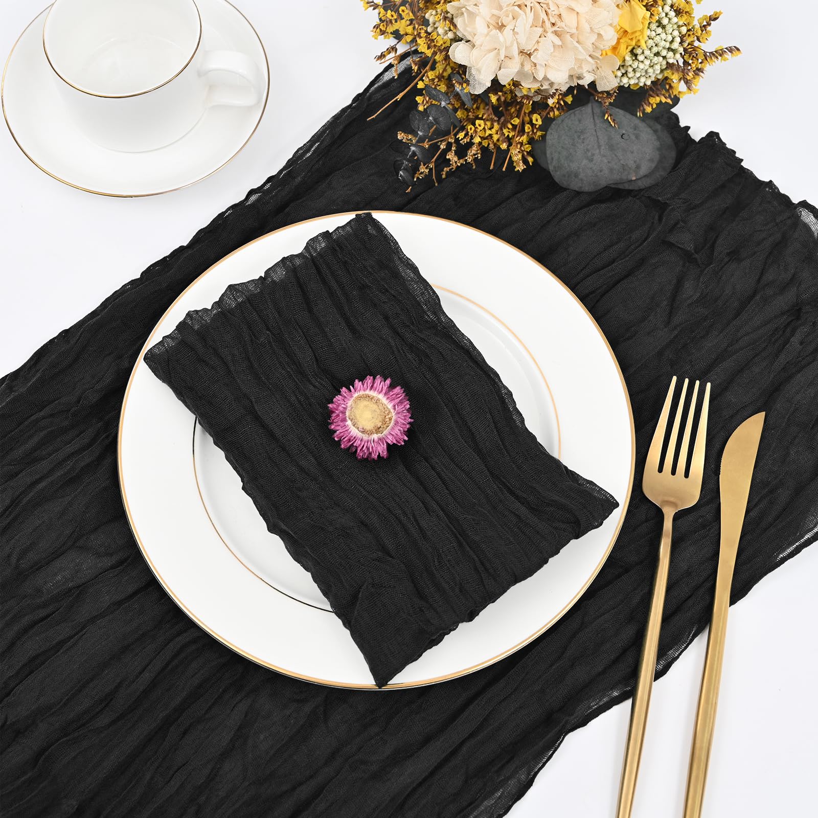 Paquete de 60 servilletas de gasa arrugadas, servilletas de tela de algodón suave, servilletas decorativas rústicas para bodas, fiestas, cenas, uso diario, 50 x 50 cm (negro)