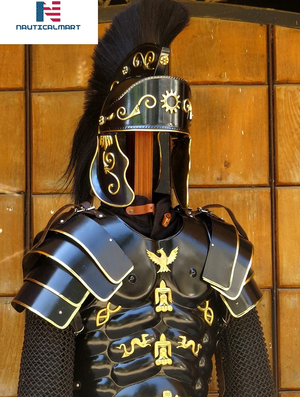 NauticalMart Roman Black Muscle Armor Cuirass Set w/Helmet, Shield, Leg & Arm Guard Halloween Costume - Custom Size