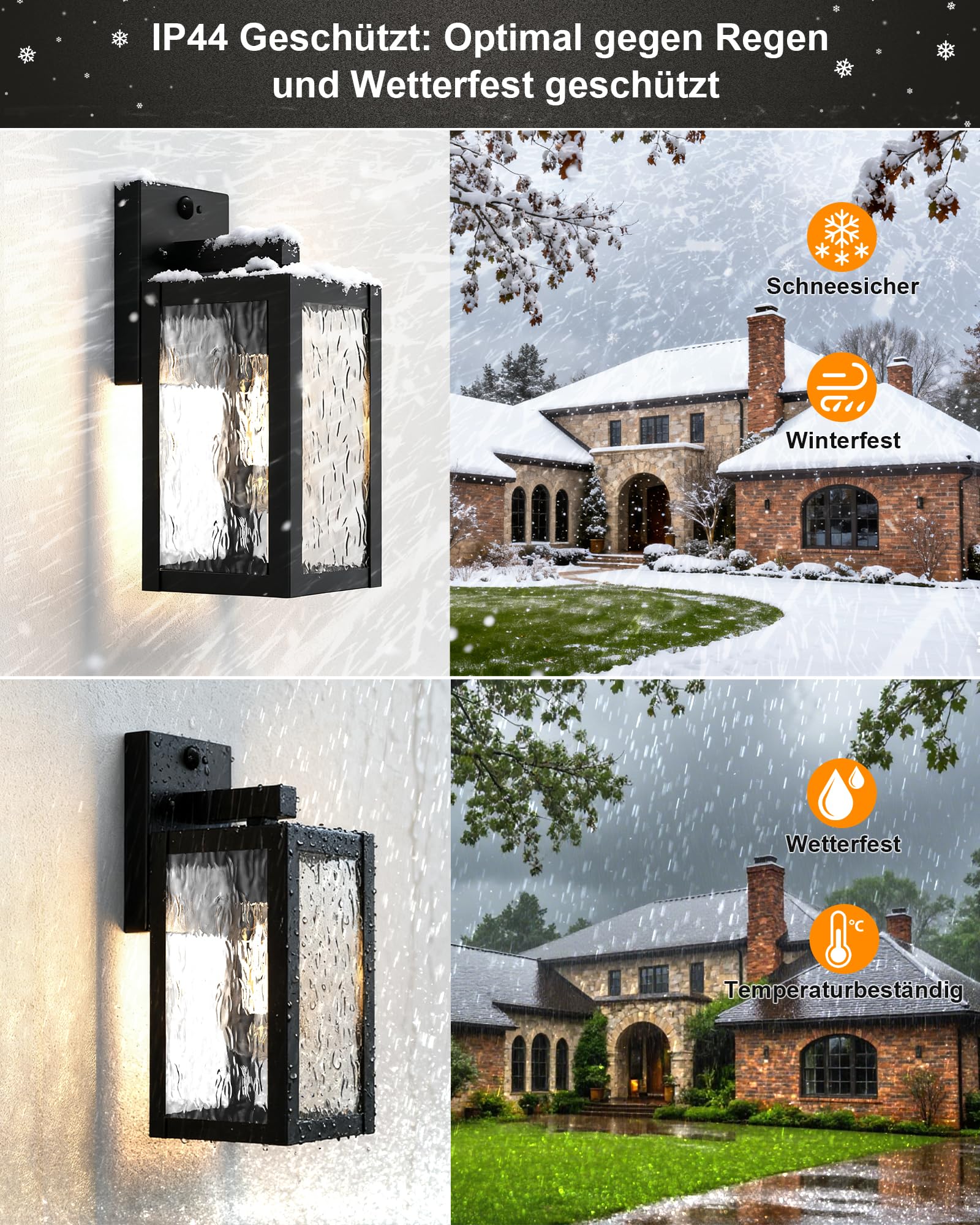 2er Set Aussenlampe mit Bewegungsmelder E27 Glas Schwarz IP44 | Aussenleuchten 3 Beleuchtungsmodi Wasserstruktur-Glas Industrial 230V Hof Eingang Haustür Garage Garten ohne Leuchtmittel
