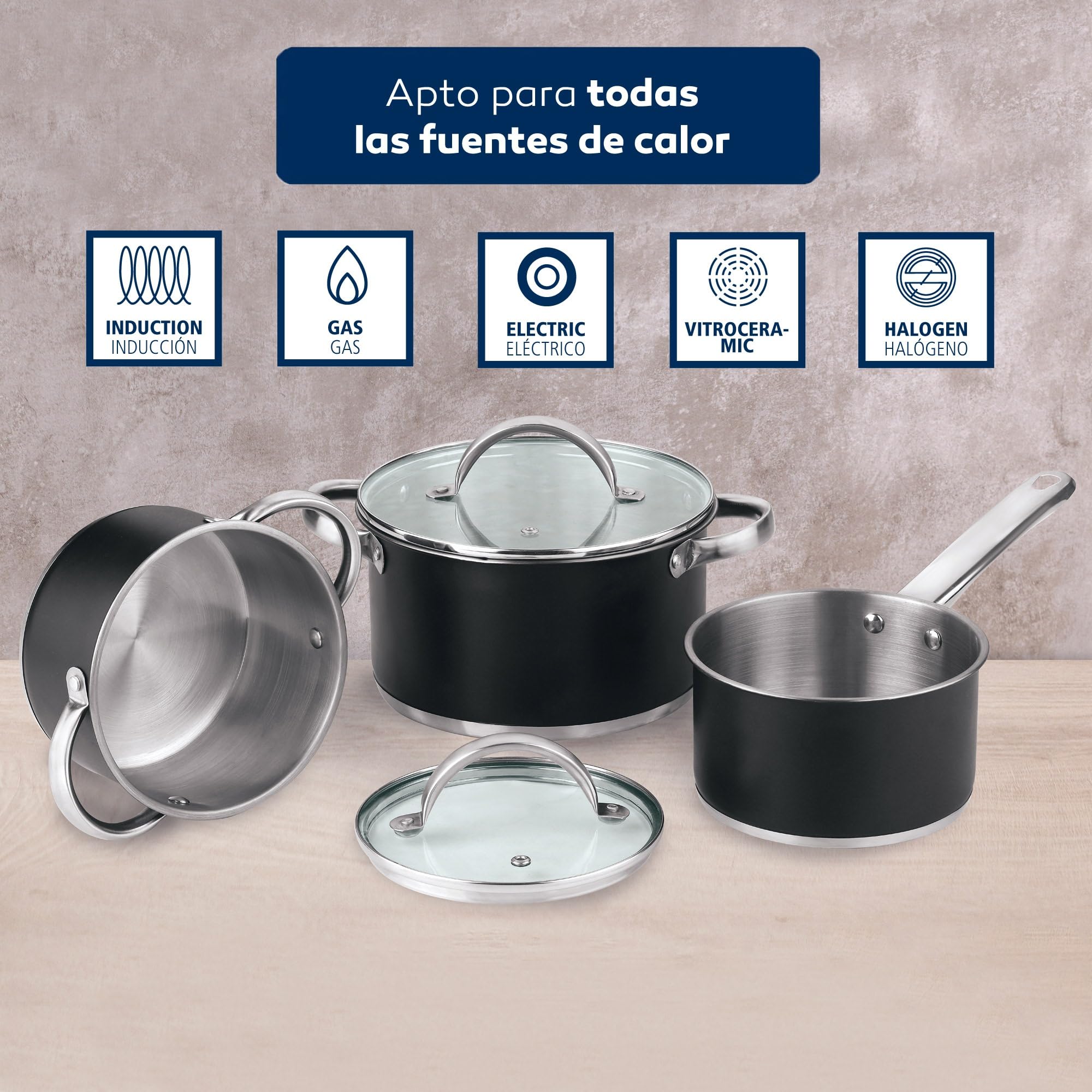 Batería de cocina 5 piezas: Ø16 Ø20 y Ø24 cm en acero inoxidable con tapas + Juego de sartenes Ø16 Ø20 Ø24 aluminio prensado, inducción