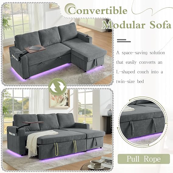 Sectional Couch with Storage, Convertible Modular Chenille Pull Out L Shaped Corner 3-Seater Sleeper Sofa Couch Bed with LED Lighting, USB Charging, Tray Table for Living Room Apartment Office, Grey