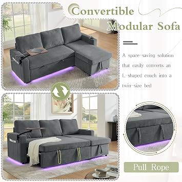 Sectional Couch with Storage, Convertible Modular Chenille Pull Out L Shaped Corner 3-Seater Sleeper Sofa Couch Bed with LED Lighting, USB Charging, Tray Table for Living Room Apartment Office, Grey