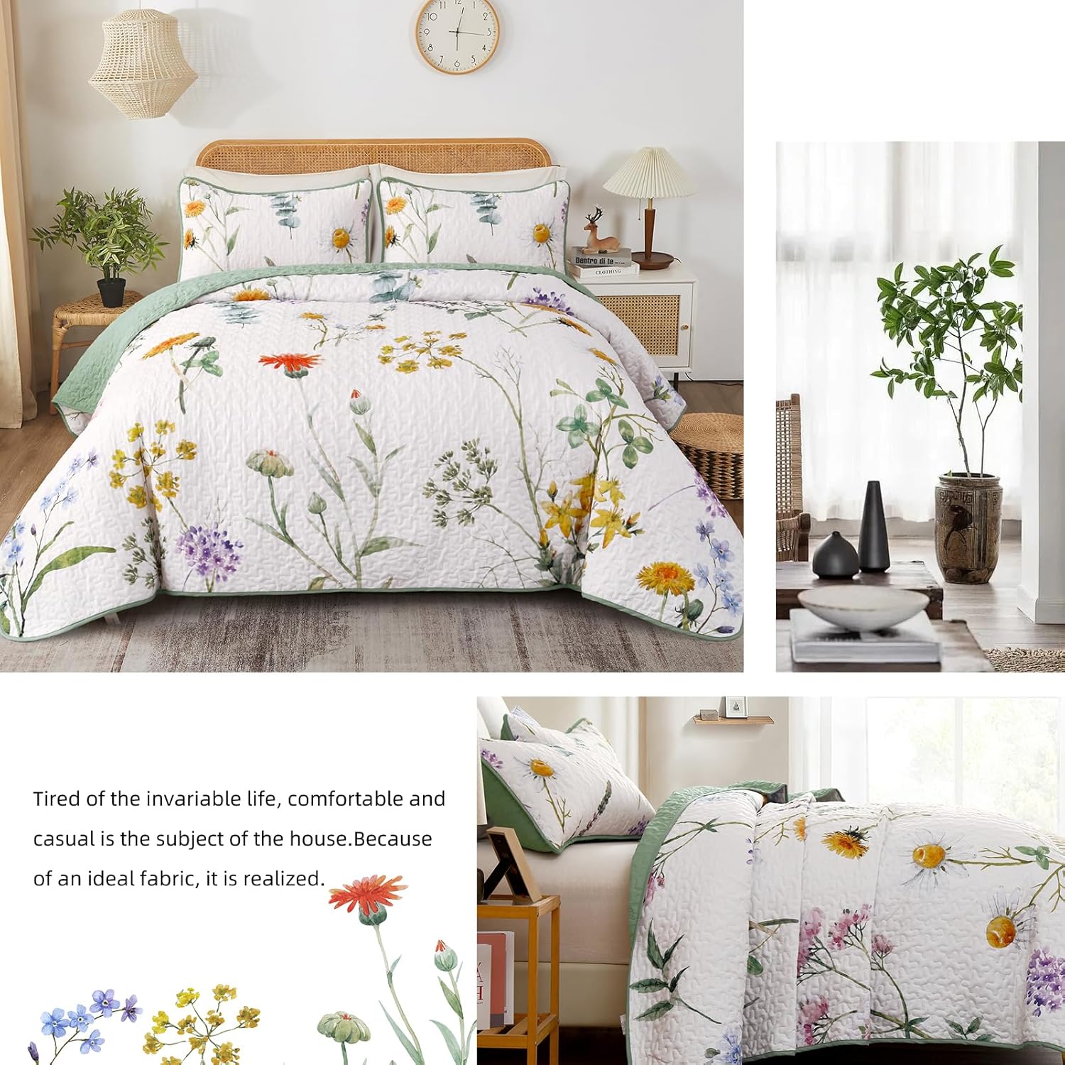 Dobuyly Floral Quilt Set Queen Size, Green Yellow Botanical Flower Quilt Bedding Set 3 Pieces, Soft Lightweight Microfiber Bedspread Coverlet Set for All Season, 96"x90" - Image 4