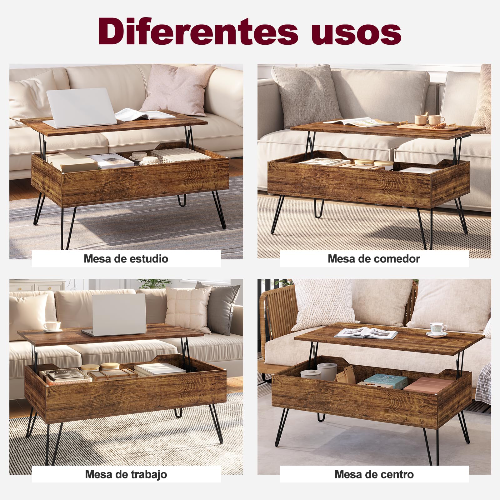 WOLTU Mesa de Centro Elevable y Extensible con Espacio Interno, Auxiliar con Patas Metálicas para Salón, 95x50x(40-55,5) cm, Madera Vintage, BTS18hov