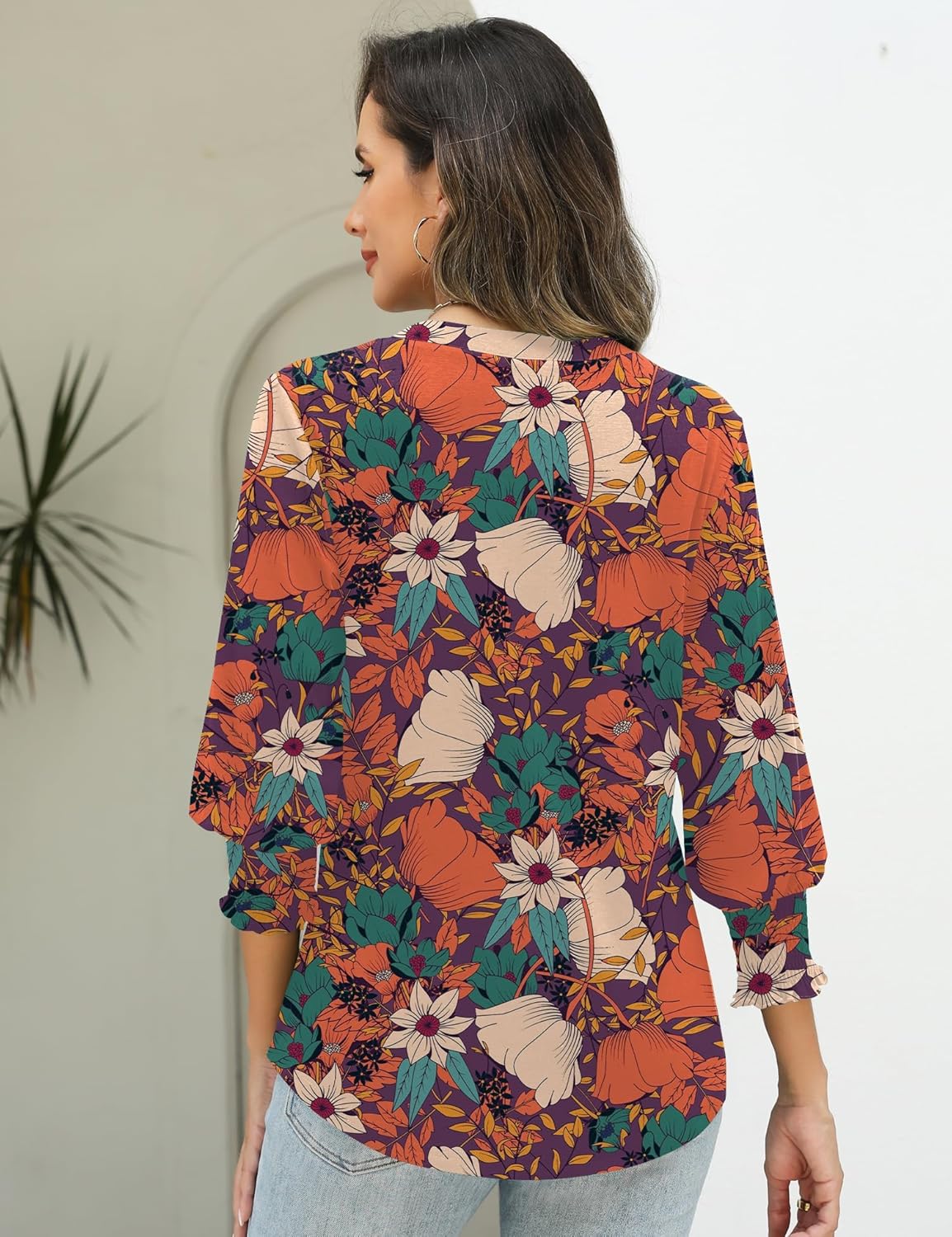 AKEWEI 3/4 Length Sleeve Womens Tops Summer Fashion V Neck Business Casual Blouses Smocked Shirts - Image 3