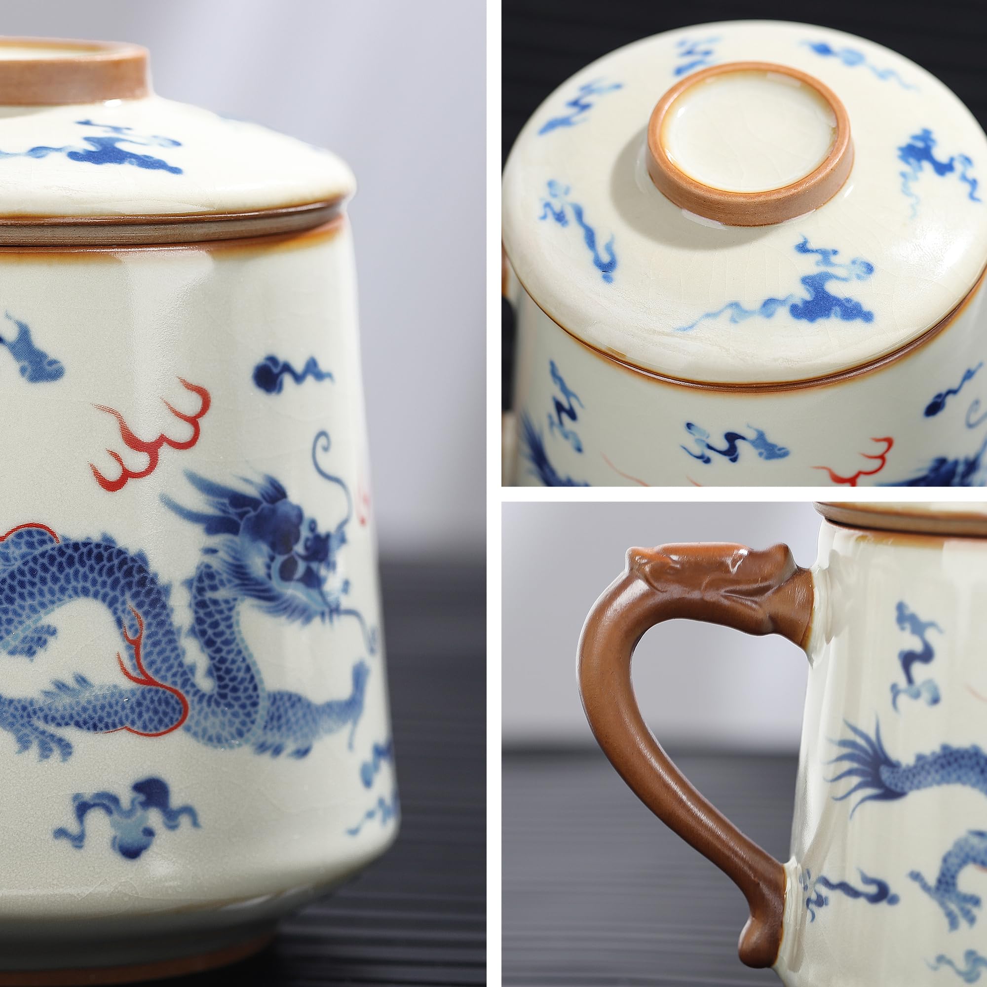 fanquare Chinese Tea Cups with Infuser and Lid, Blue Loong Tea Mugs, Porcelain Large Tea Steeping Mug for Home Gifts 450ml - Image 3