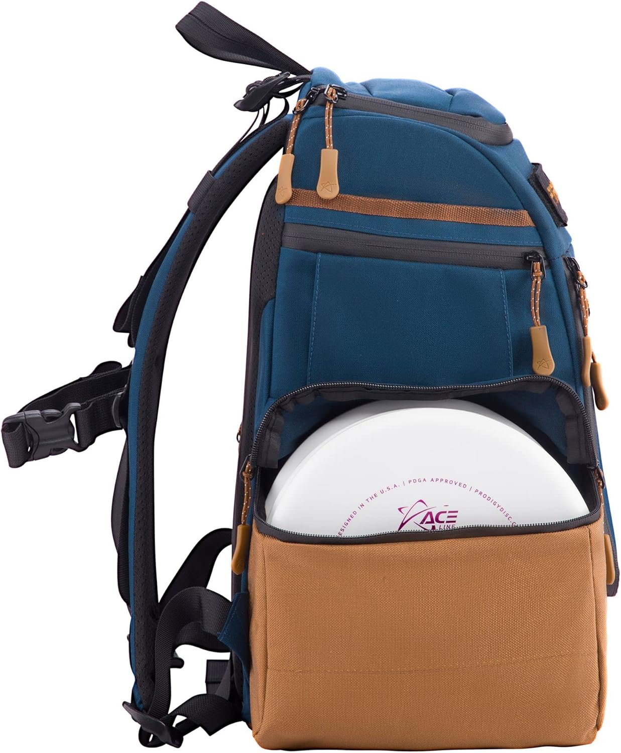 Prodigy Disc Apex Disc Backpack | Disc Golf Backpack | Store Up to 20+ Discs | Insulated Cooler Pocket | Disc Golf Bags with Umbrella Sleeve | Cordura Nylon Material (Navy & Brown)
