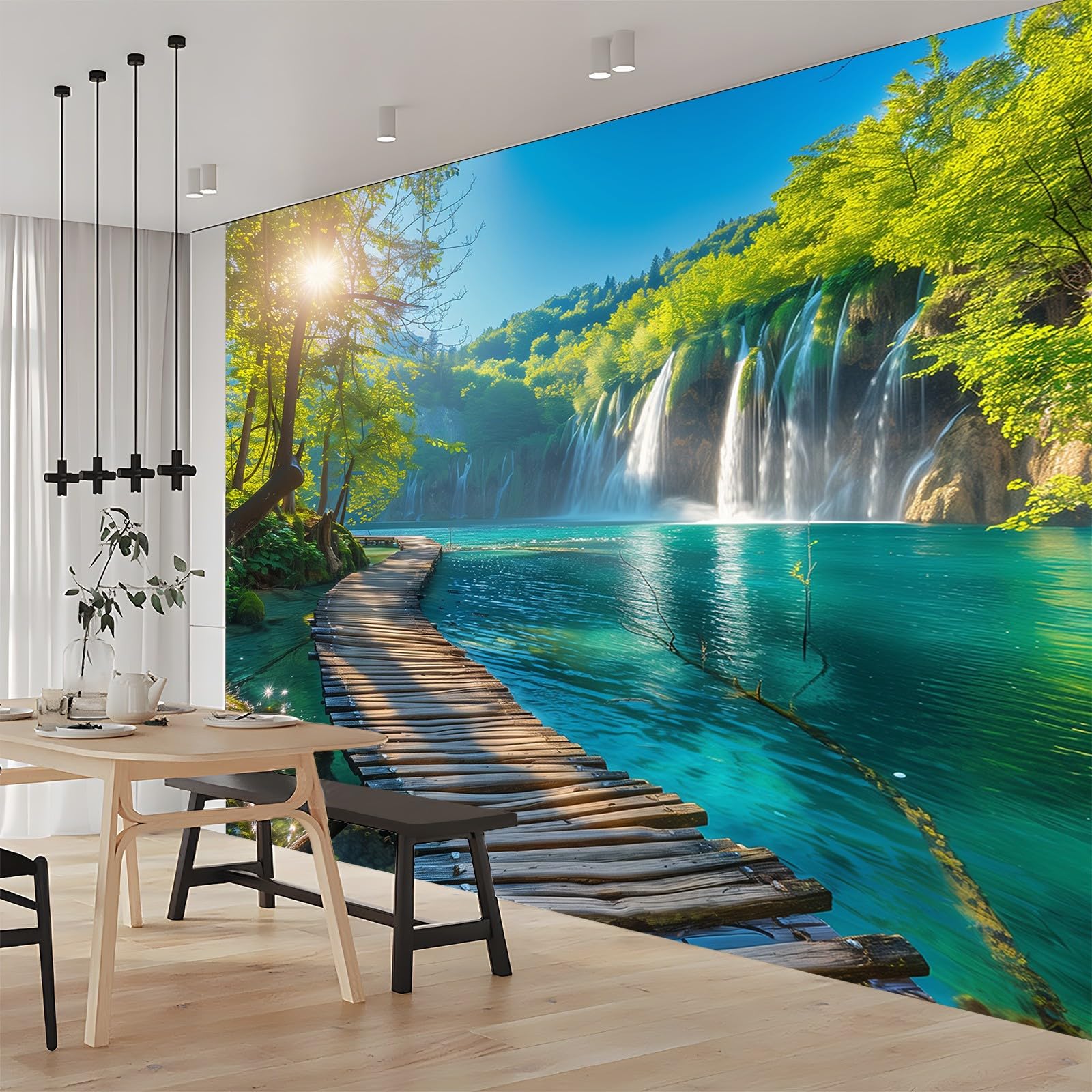 Vlies Fototapete Malerischer Wasserfall Auf Einer Holzbrücke 350x256 cm Art Mauer VliesTapete Wandtapete Wanddeko Wand Wohnzimmer Schlafzimmer Wohnung Wandbilder
