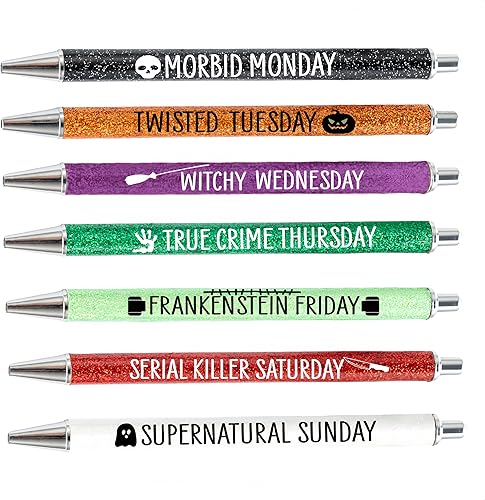 Jxueych 7 bolígrafos de Halloween para el día de la semana, bolígrafos con purpurina con refranes divertidos, bolígrafos pasivos vibrantes y