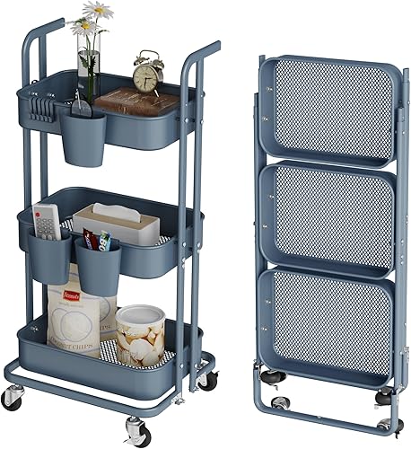 DTK Carrito plegable de 3 niveles, carrito utilitario de metal con ruedas bloqueables, carrito de almacenamiento plegable para sala de estar,