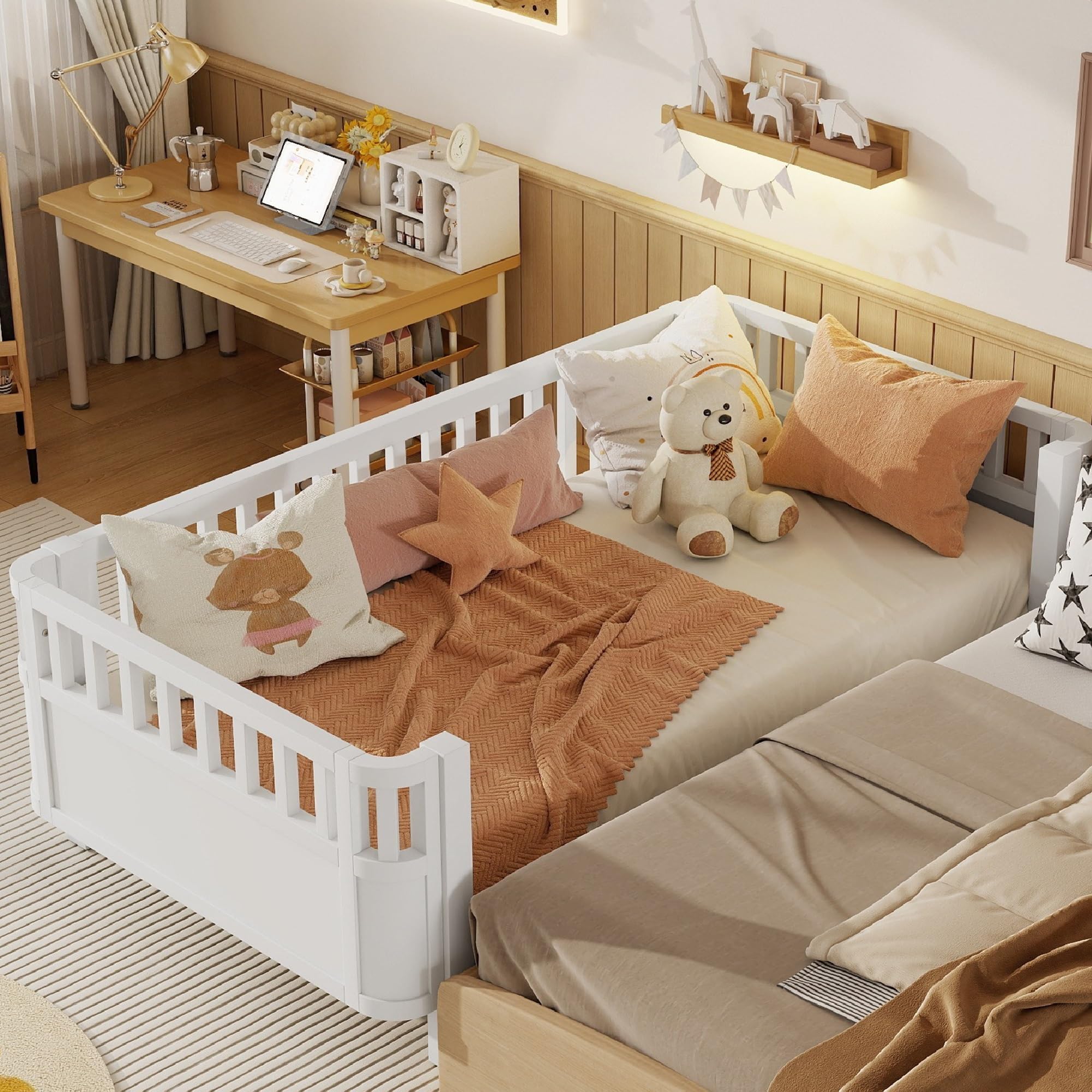 KEIKI Twin Size Wooden Floor Bed, Montessori Platform Bed Frame with Low Profile & Safety Rails, Space Saving Kids Beds for Boys Girls Bedroom, No Box Spring Needed, Easy Assembly, Noise Free, White