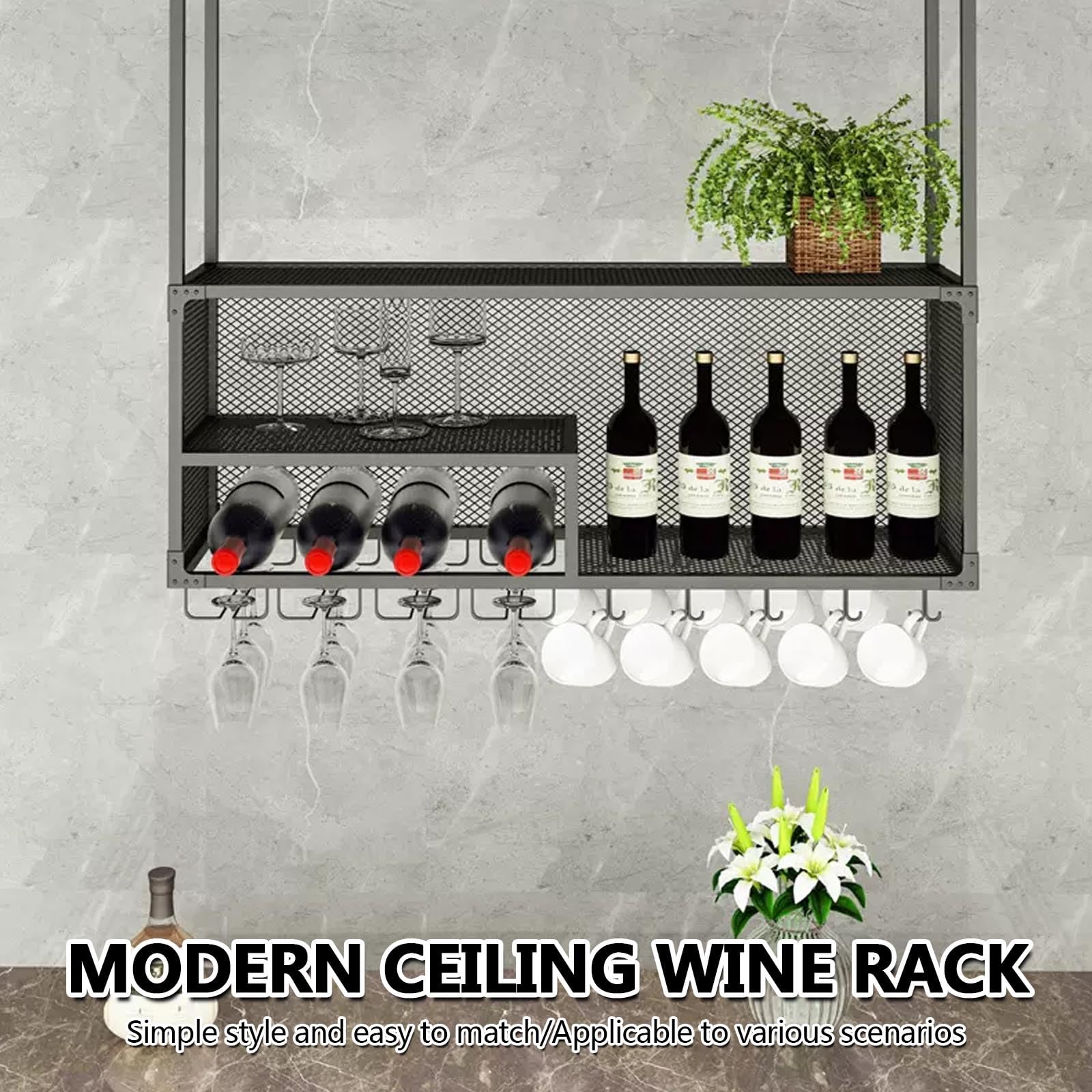 Botellero Colgante de Metal: Moderno Estante Flotante para Botellas y Copas de Vino, Ideal para exhibir en la Pared, Ideal para el hogar, Bares y cafeterías.