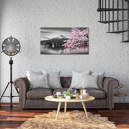 Miniatura 2 de YeiLnm Decoración de pared de cerezo en flor de cerezo, imagen de templo japonés, arte de pared de Fuji, rosa, blanco y negro, 20 x 36 pulgadas