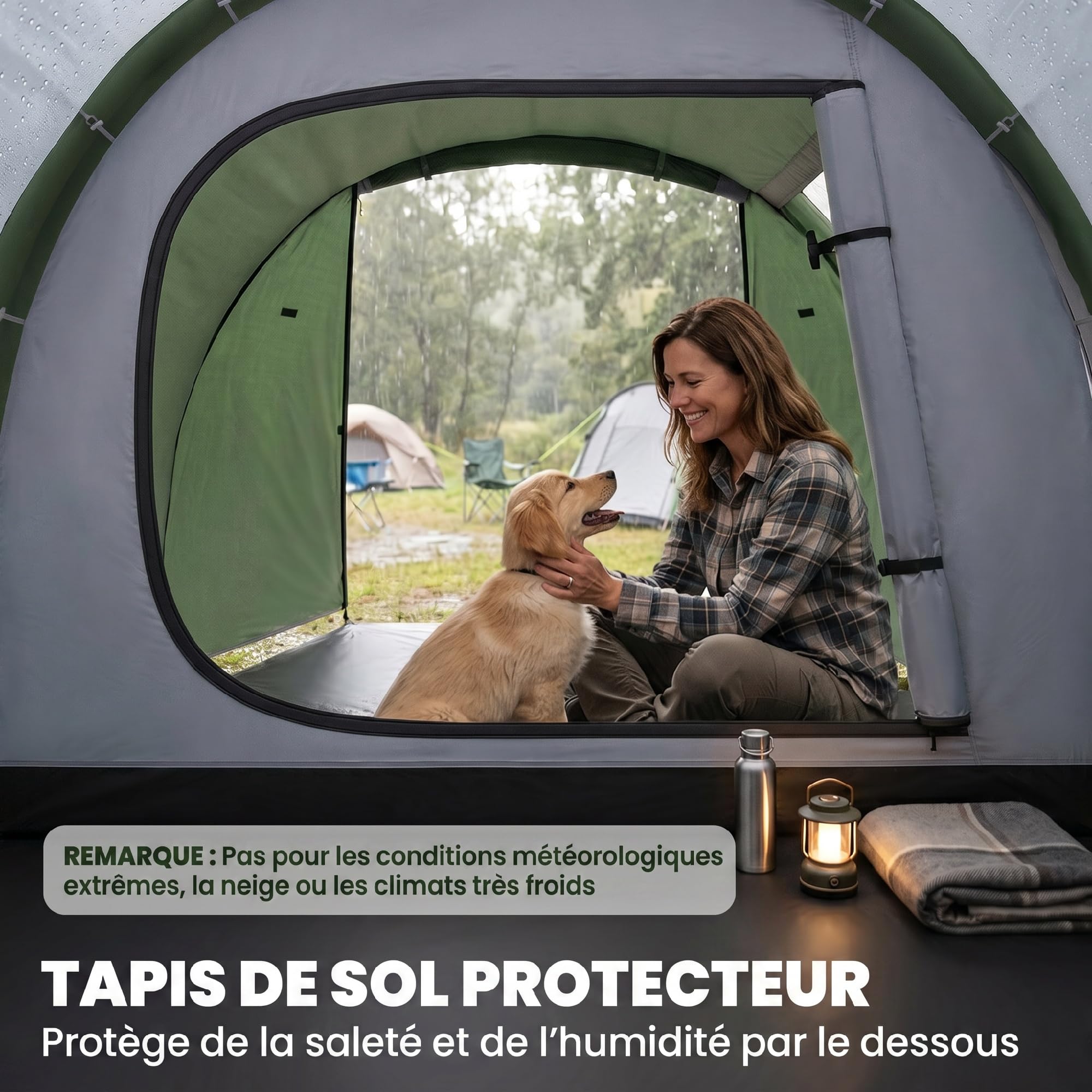Outsunny Tenda da campeggio per famiglie per 2 persone, tenda a tunnel ventilata, facile da montare, camera da letto, soggiorno, 3 porte, finestre, 4,26 x 2,06 x 1,54 m, fibra di vetro poliestere PE
