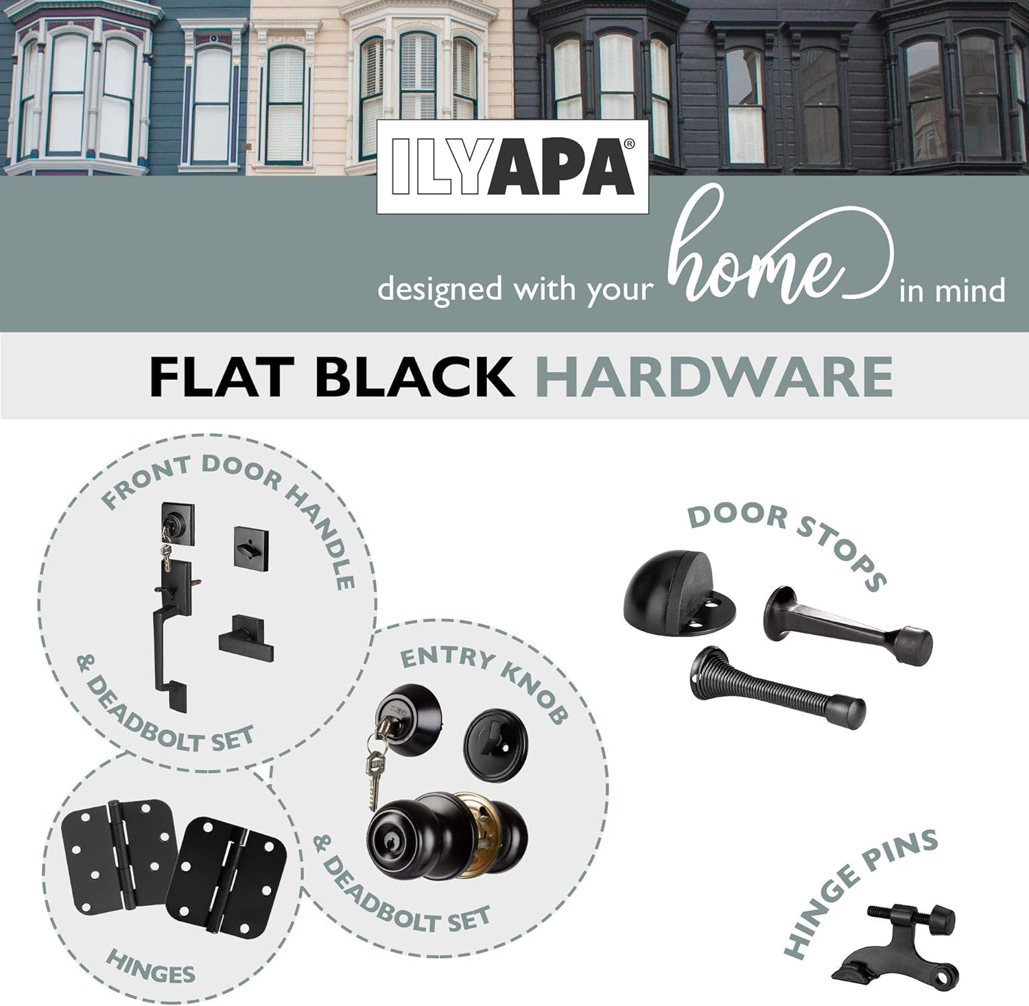 Ilyapa Front Entry Door Exterior Handleset - Modern, Matte Black Low Profile Lock Set Handle with Single Cylinder Deadbolt and Halifax Lever, Matte Black