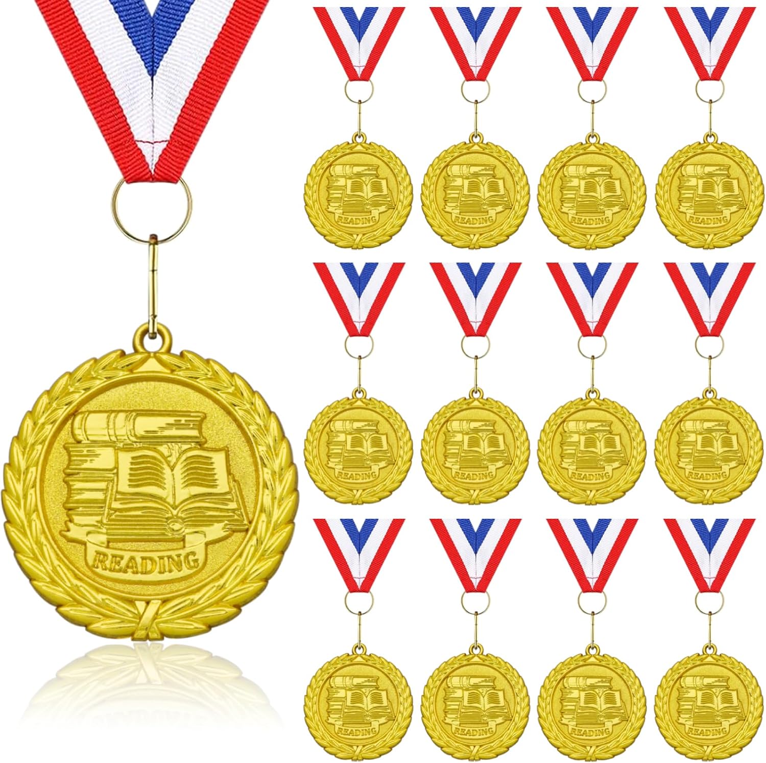 Donrime 12 Pcs Reading Award Medals - 2 Inch Gold Metal Medal with V Neck Ribbons for Kids Adults Trophy Award Prize Gift