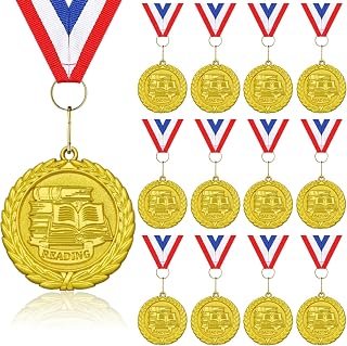 12 Pcs Reading Award Medals - 2 Inch Gold Metal Medal with V Neck Ribbons for Kids Adults Trophy Award Prize Gift