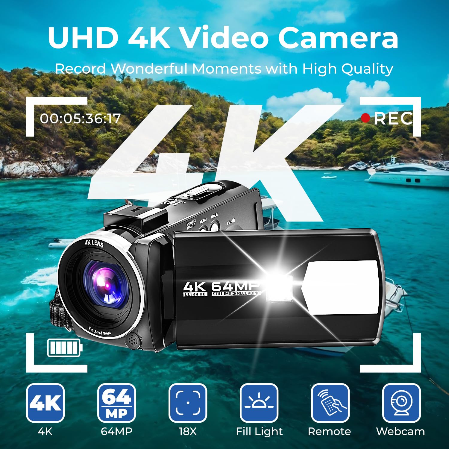 Videocamera 4K 64MP Camcorder 18X Zoom Digitale Schermo da 3" Ruotabile di 270° Videocamera Digitale, Video Camera per Youtube con Scheda SD da 32 GB, Telecomando e Batteria